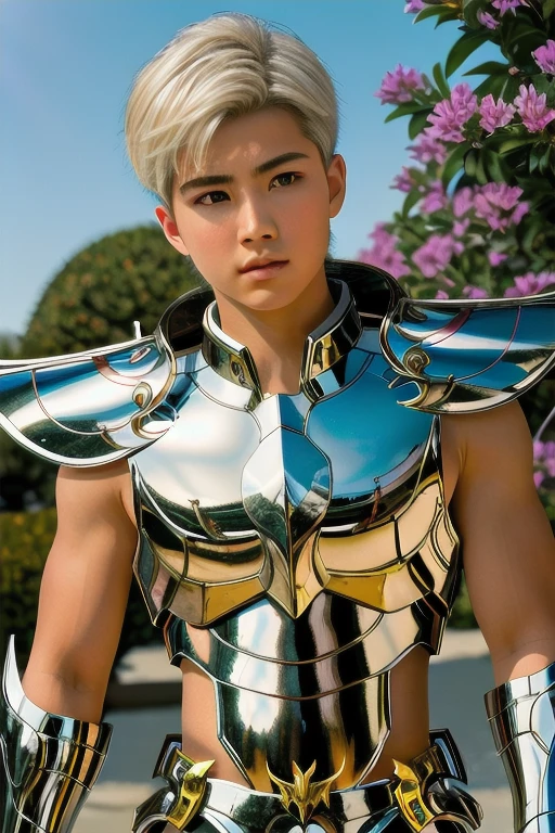 A masterpiece of photorealism, photorealistic high-detail 8k photo, best hyperrealistic quality, volumetric lighting and shadows, young man in the image of Saint Pegasus_armor, wedge haircut light blonde, Bonsai gardens in the afternoon light, cinematic shot from a low angle