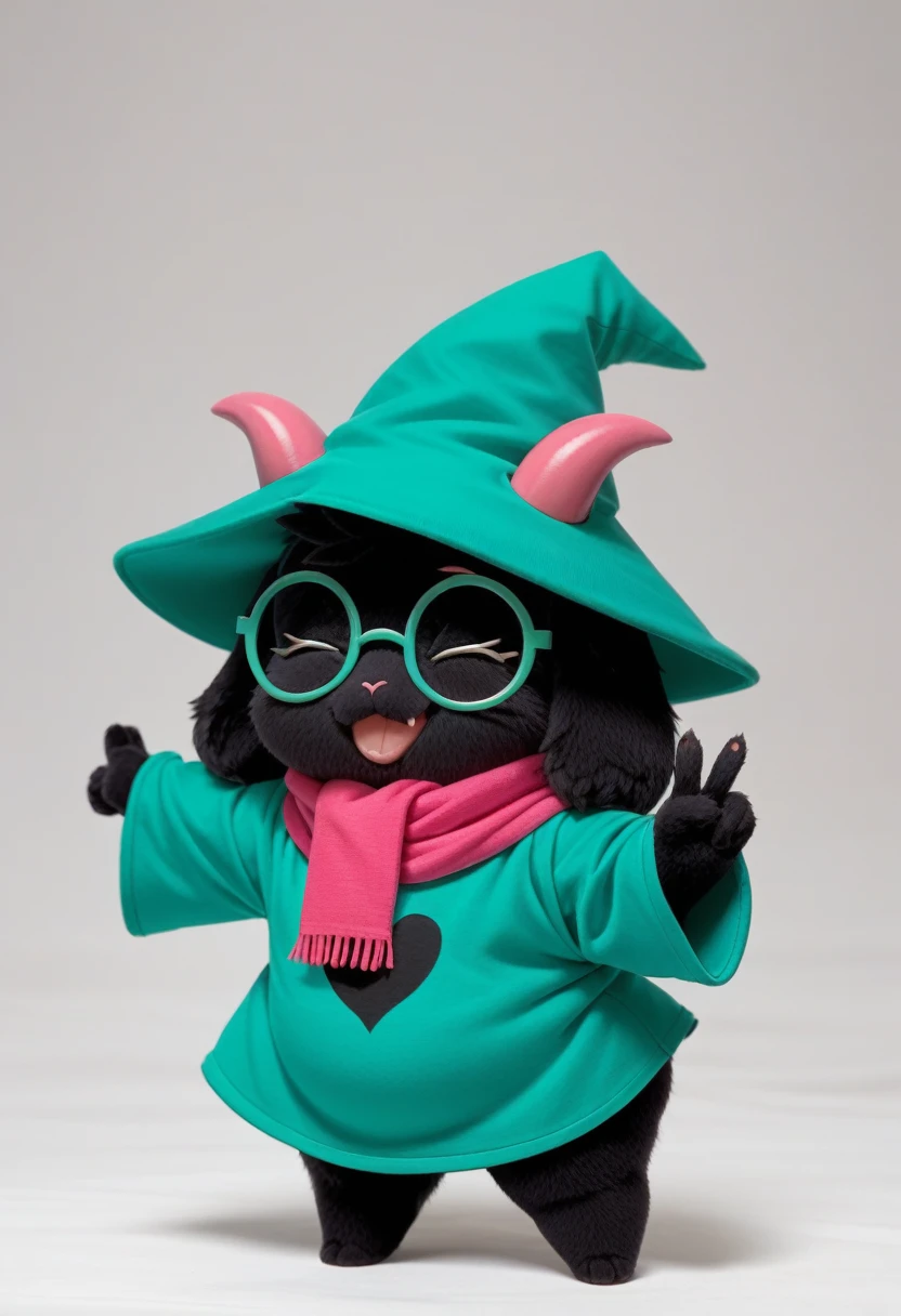  (score_9, score_8_up),furry, fur, face, Ralsei(deltarune), goat, dark fur, pink horns, black sleeves, cute, green glasses, hatless, green shirt, standing, arms up with his hands doing the peace sign,pink scarf,closed eyes, happy, smug face, bending over, wide hips,  fat ass, rear view,  {{{kame (kamepan44231), no humans, chibi, jitome, fumo (doll)}}}, portrait. 1furry, many chibi