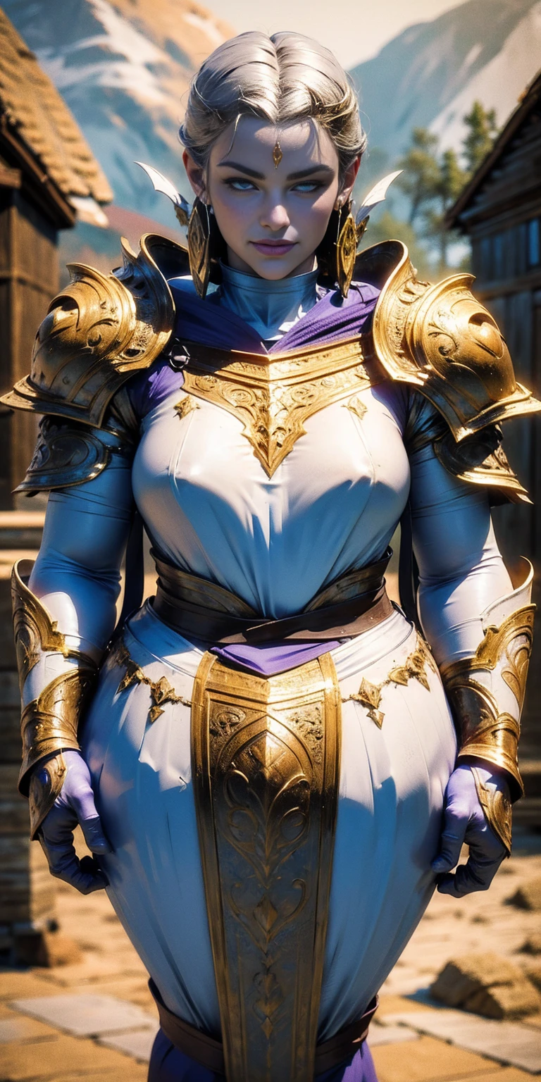 (Triplets)(chest covered)(smile)Gray skin, pale golden hair and violet eyes. They prefer clothing of white and silver with cloaks of deep blue or purple,village background, huge_knockers, ((very precise detailed)), ((highres)