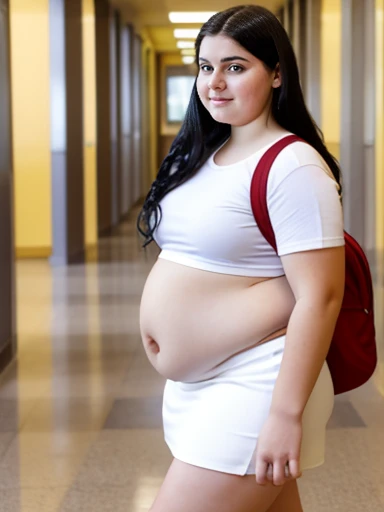 A beautiful 16 year old white girl with a very fat belly, long wavy black hair, very chunky legs and arms, in school hallway, wearing small white shirt and red skirt, round belly, small nose, curvy body, very fat, belly exposed, carrying multiple books, wearing backpack