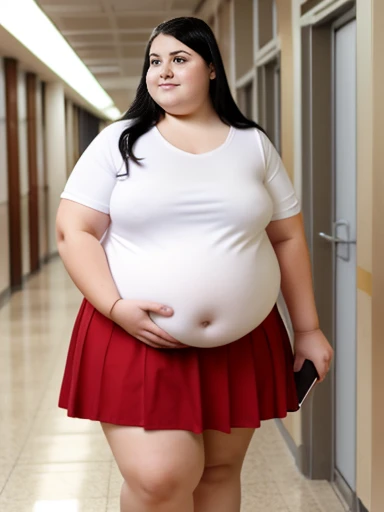 A beautiful  white girl with a very fat belly, long wavy black hair, very chunky legs and arms, in school hallway, wearing small white shirt and red skirt, round belly, small nose, curvy body, very fat, belly exposed, carrying multiple books, wearing backpack