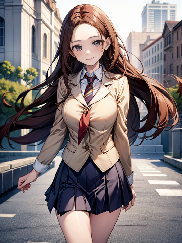 One person, Chestnut Hair, Half Up,Large Breasts, smile, Droopy eyes, perspective, height: 165cm,High School Uniform,Navy blue blazer,White blouse,Orange ribbon tie,Grey knee-length flared skirt,Anime Style,Knee-length skirt,Healthy sex appeal,High resolution, Anatomically correct, 最High quality, Corruption, detailed, High detailed, High resolutionモデル, High quality, quality, Very detaileded, 超High resolution, Textured skin, Hair blowing in the wind, Exposed forehead,happiness, Viewfinder, smile, Multiview,
