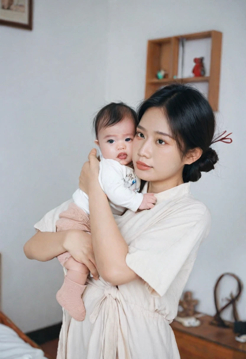 cewek indonesia, usia 25 tahun, wear simple clothes, hair tied, holding a baby, in the room