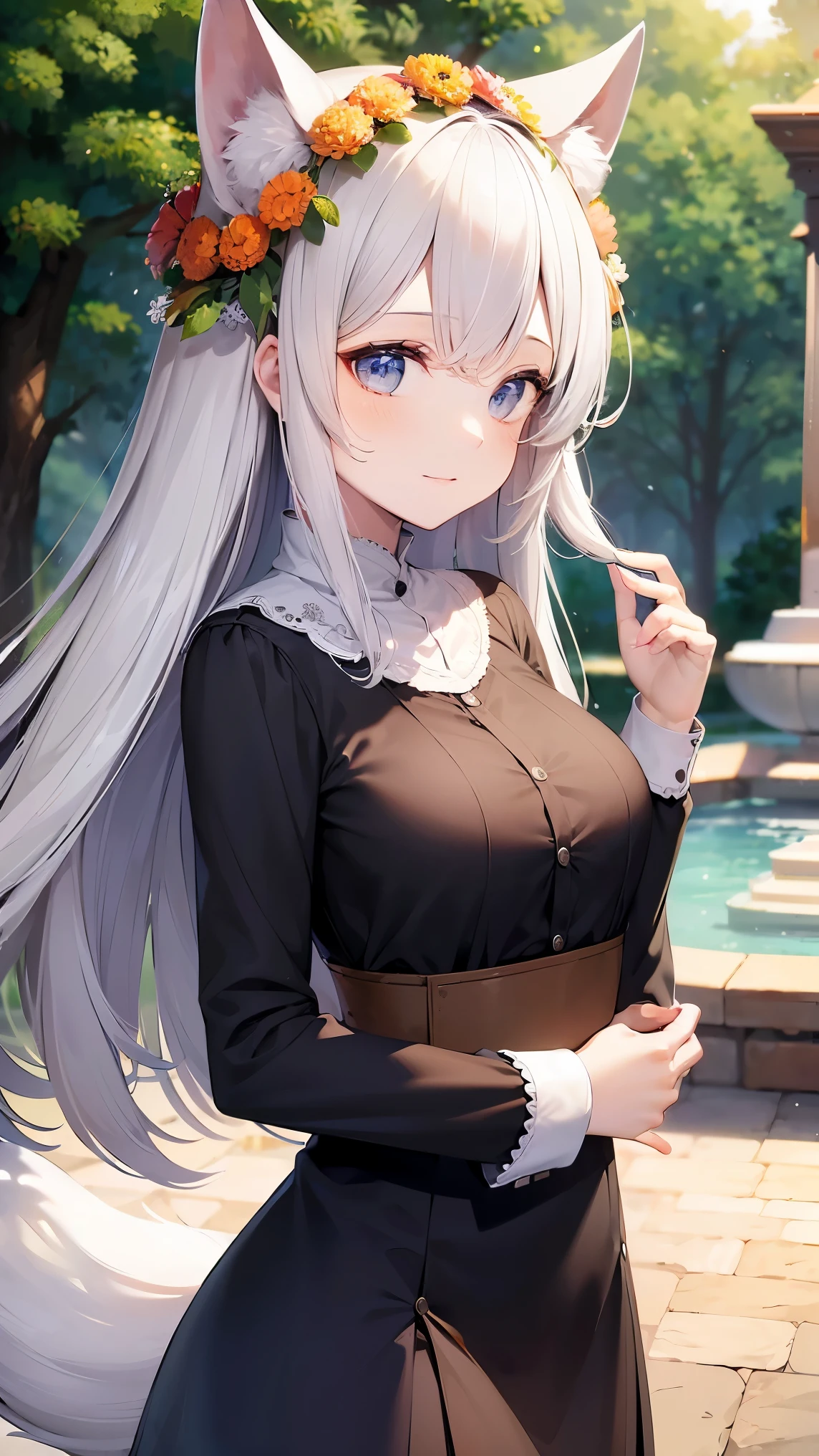 ((best quality)), ((masterpiece)), (detailed), perfect face, ((Best quality, 8k, Masterpiece: 1.3)), Sharp focus, Highly detailed face and skin texture, Detailed eyes, detailed fingers, white hair, one side up, head wreath, fox ears, fox tail, v neck long sleeve shirt, casual cloth, Park with a fountain