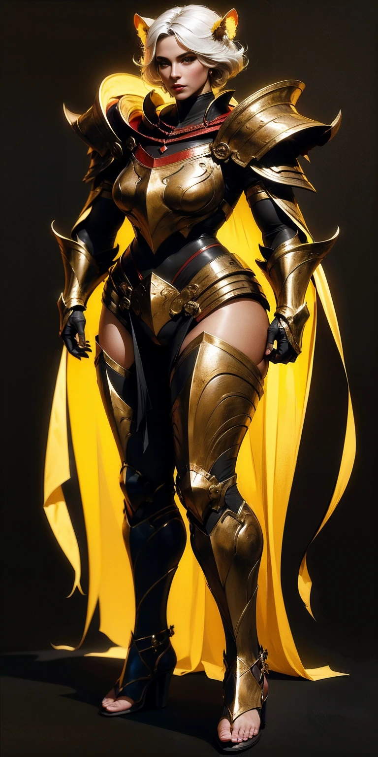 ((BLACK BACKGROUND 1:2, masterpiece)) 1solo female full body standing straight symmetrical with two long thighs and two metal sandals, red eyes like rubies, silver white hair, short bob style hair, big knockers breastplate, breastplate, cleavage, tiara royal, long cape up to two feet, yellow bikini (yellow tiger stripes)