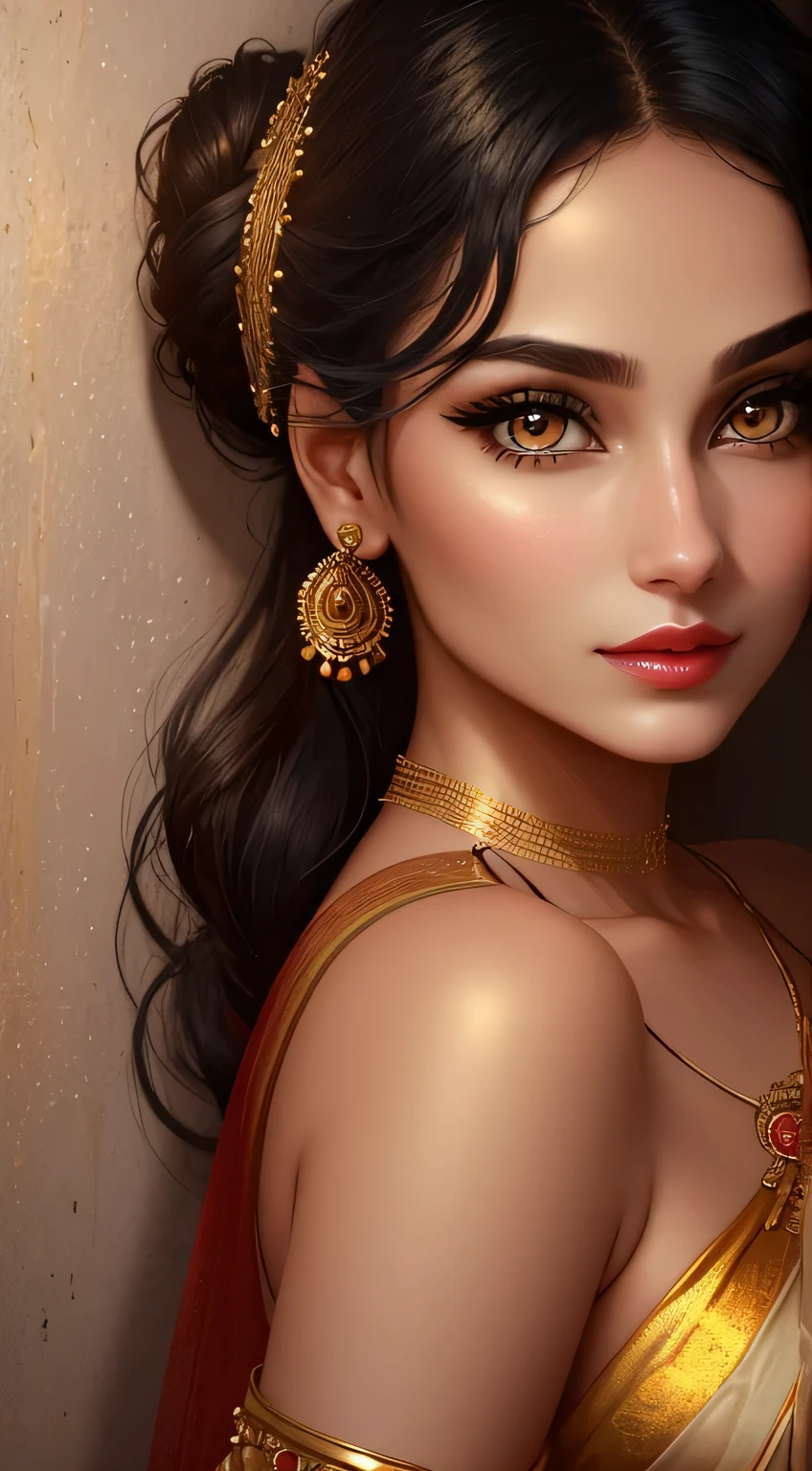 Amazing portrait of a woman who is 30 years old and an adult and a sexy woman with her black hair tied in a bun with smokey eyeliner emphasizing her seducing eyes as she's blushing intensely with the most fairest skin and a plump face with soft lips wearing a gold blouse with white saree with gold borders as she's pinned against a wall during night time with soft lighting showcasing her red lips and her beautiful face in detail and close up