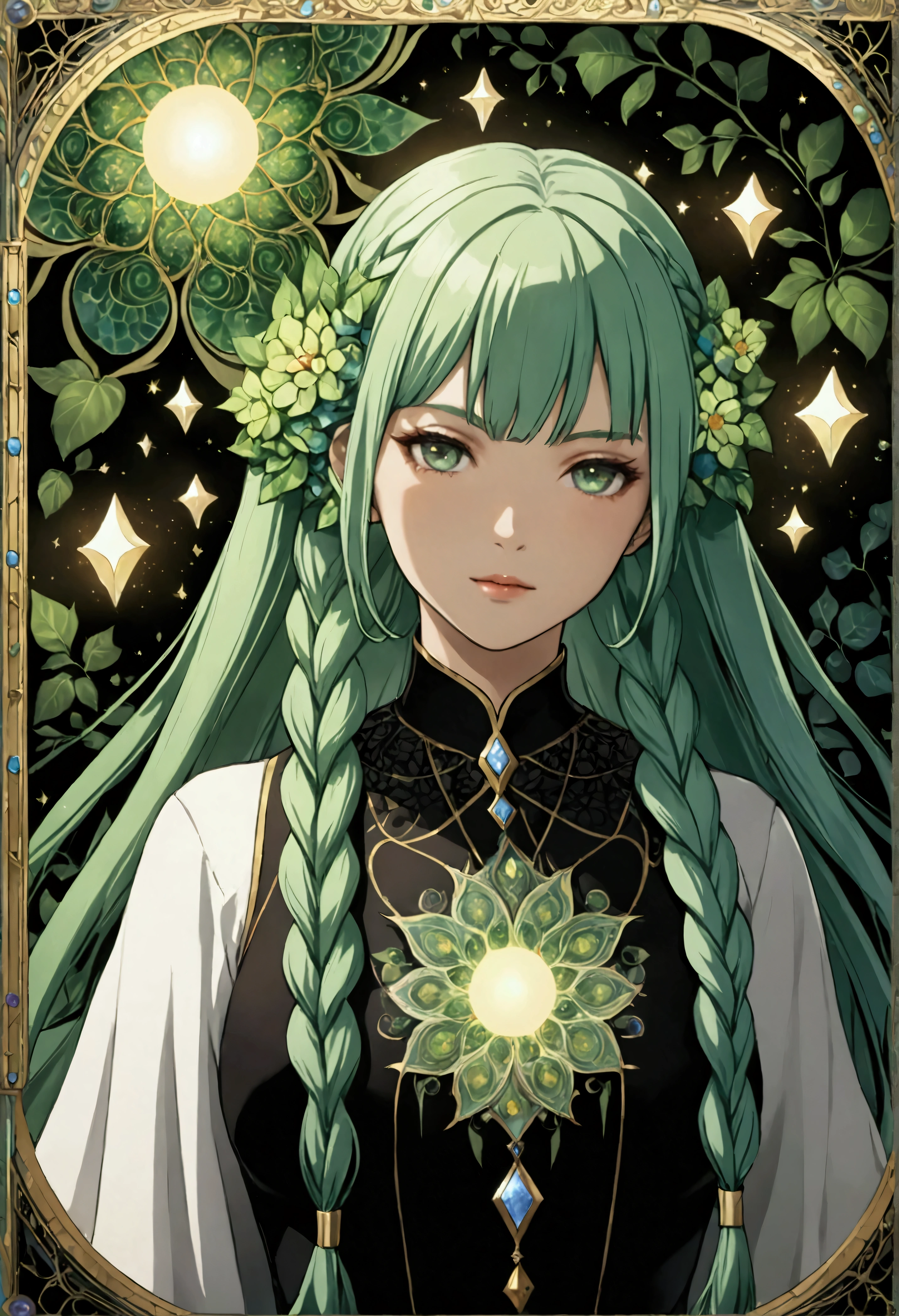(masterpiece, top quality, best quality, official art, beautiful and aesthetic:1.2), (1girl:1.3), (fractal art:1.3), card, tarot, green hair, twin braids, hair flower, (good lighting:1.1), ((highres)), Tarot card style