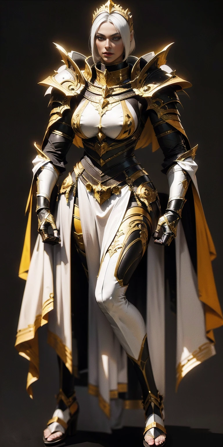 ((BLACK BACKGROUND 1:2, masterpiece)) ((BLACK BACKGROUND 1:2, masterpiece)) 1solo female full body standing straight symmetrical with two long thighs and two metal sandals, red eyes like rubies, silver white hair, short bob style hair, big knockers breastplate, breastplate, cleavage, tiara royal, long cape up to two feet, yellow bikini (yellow tiger stripes)