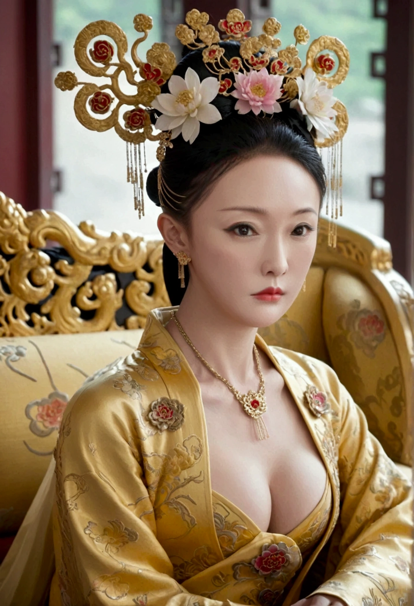 A large golden sofa with a fully naked Chinese Qing Dynasty empress sitting on it, her large breasts exposed and her hair tied to both sides.、Hairpins and flower decorations for Chinese empresses、Hair tied in the back, a perverted and erotic female background、The setting is the luxurious room of the Empress in the Qing Dynasty palace of China。.。