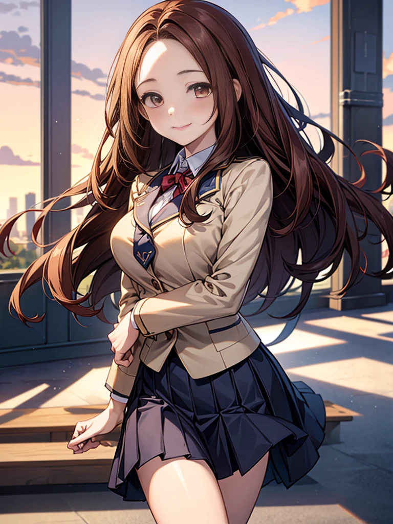 One person, Chestnut Hair, Semi-long hair,Half Up,Large Breasts, smile, Droopy eyes, Quiet,perspective, height: 165cm,High School Uniform,Navy blue blazer,White blouse,Orange ribbon tie,Grey knee-length flared skirt,Anime Style,Knee-length skirt,Healthy sex appeal,High resolution, Anatomically correct, 最High quality, Corruption, detailed, High detailed, High resolutionモデル, High quality, quality, Very detaileded, 超High resolution, Textured skin, Hair blowing in the wind, Exposed forehead,happiness, Viewfinder, smile, Multiview, 