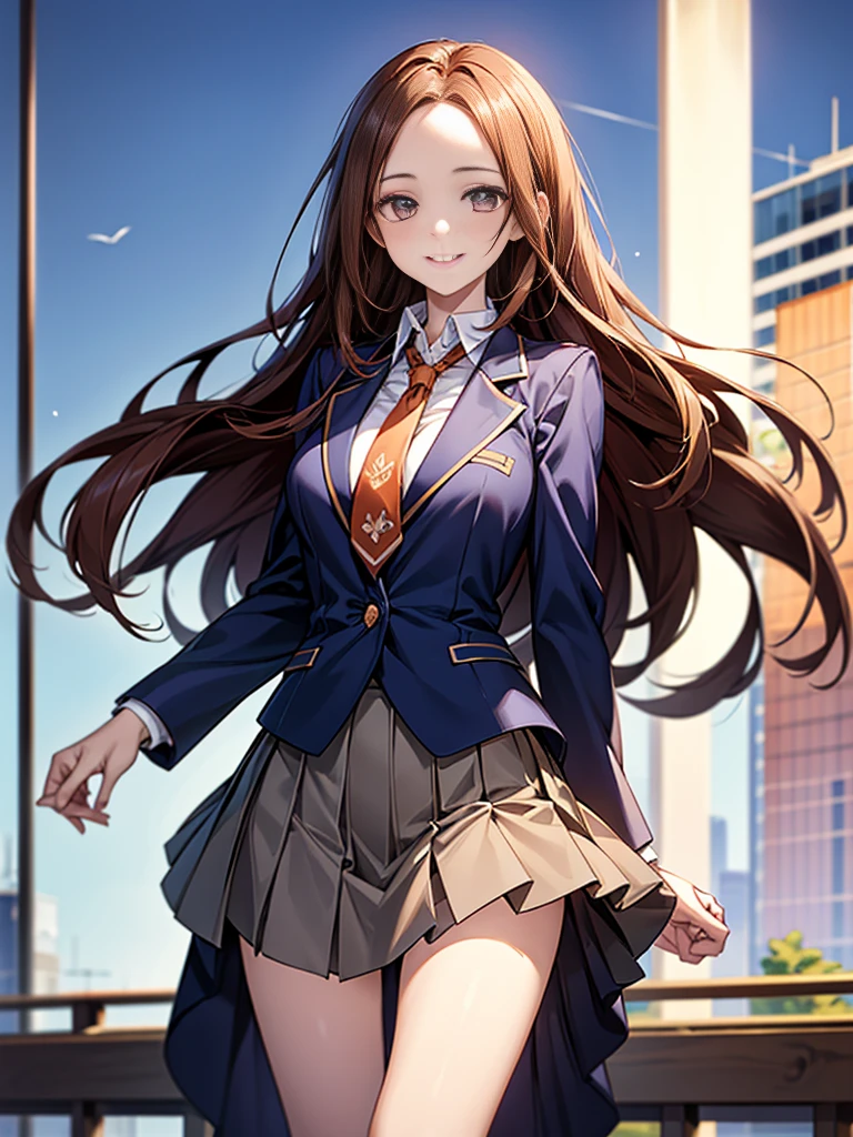 One person, Chestnut Hair, Semi-long hair,Half Up,Large Breasts, smile, Droopy eyes, Quiet,perspective, height: 165cm,High School Uniform,Navy blue blazer,White blouse,Orange ribbon tie,Grey knee-length flared skirt,Anime Style,Knee-length skirt,Healthy sex appeal,High resolution, Anatomically correct, 最High quality, Corruption, detailed, High detailed, High resolutionモデル, High quality, quality, Very detaileded, 超High resolution, Textured skin, Hair blowing in the wind, Exposed forehead,happiness, Viewfinder, smile, Multiview,