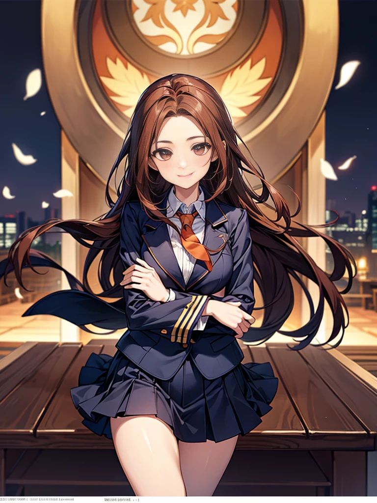 One person, Chestnut Hair, Semi-long hair,Half Up,Large Breasts, smile, Droopy eyes, Quiet,perspective, height: 165cm,High School Uniform,Navy blue blazer,White blouse,Orange ribbon tie,Grey knee-length flared skirt,Anime Style,Knee-length skirt,Healthy sex appeal,High resolution, Anatomically correct, 最High quality, Corruption, detailed, High detailed, High resolutionモデル, High quality, quality, Very detaileded, 超High resolution, Textured skin, Hair blowing in the wind, Exposed forehead,happiness, Viewfinder, smile, Multiview,