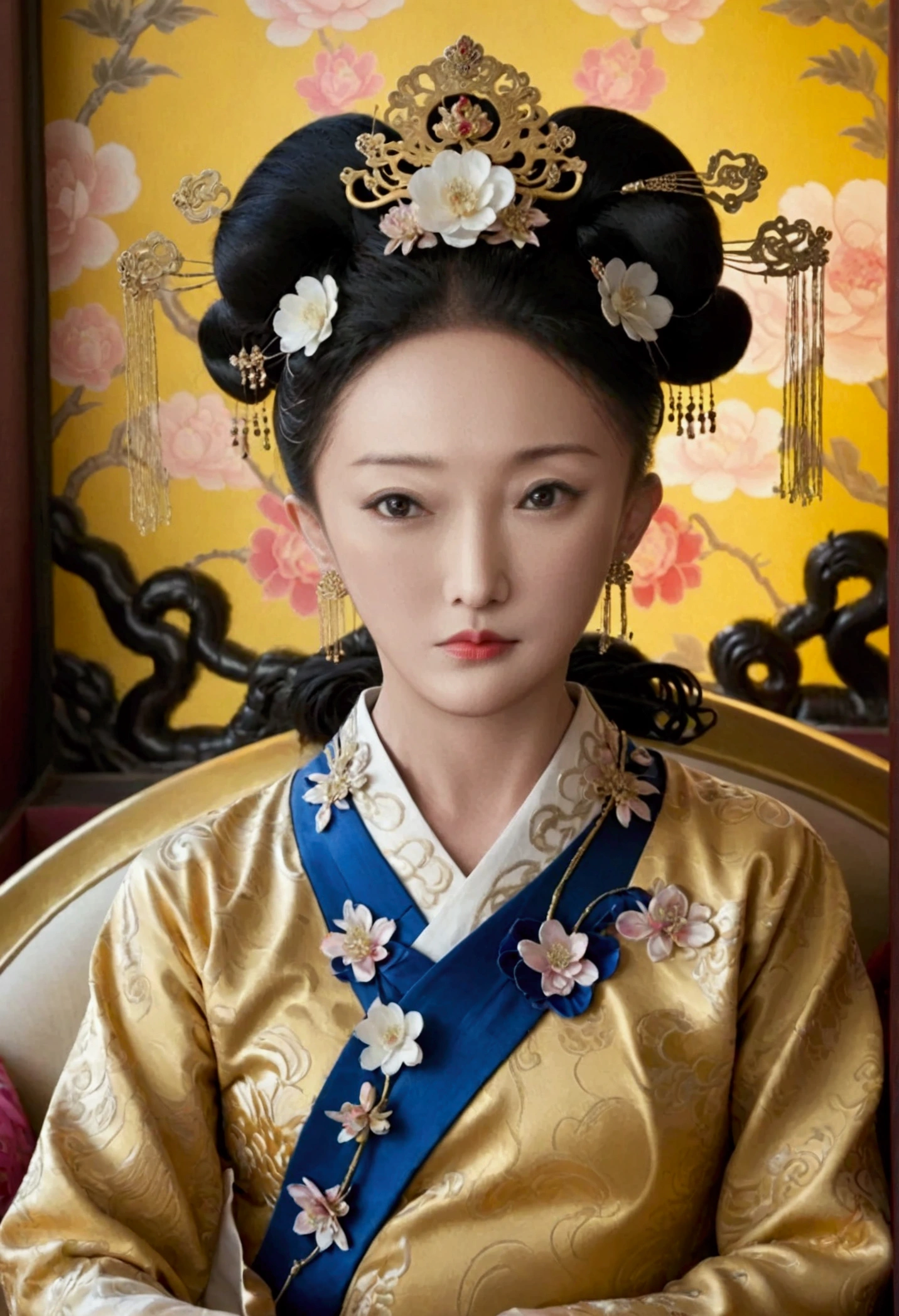 A large golden sofa with a fully Chinese Qing Dynasty empress sitting on it, her large breassed and her hair tied to both sides.、Hairpins and flower decorations for Chinese empresses、Hair tied in the back, a perverted and erotic femalground、The setting is the luxurious room of the Empress in the Qing Dynasty palace of China。.。
