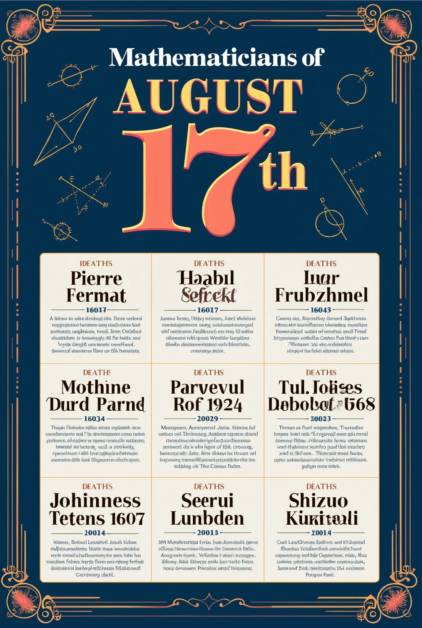 Here's a summary of the mathematicians born or who died on 17 August 

Born:

1601: Pierre Fermat
1904: Jacob Levitzki
1904: Giovanni Ricci
1954: Ingrid Daubechies

 Died:
1807: Johannes Tetens
1924: Pavel Urysohn
1927: Ivar Fredholm
1944: Thomas Lumsden
1974: Cecilia Krieger
1975: Sergei Fomin
2004: Shizuo Kakutani

Make a poster including the names and years

