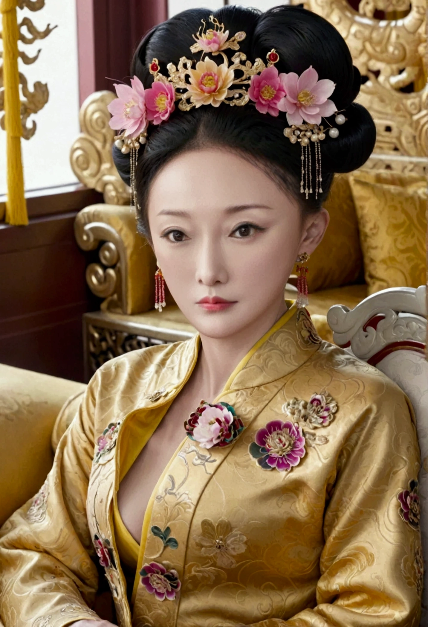 A large golden sofa with a fully naked Chinese Qing Dynasty empress sitting on it, her large breasts exposed and her hair tied to both sides.、Hairpins and flower decorations for Chinese empresses、Hair tied in the back, a perverted and erotic female background、The setting is the luxurious room of the Empress in the Qing Dynasty palace of China。.。
