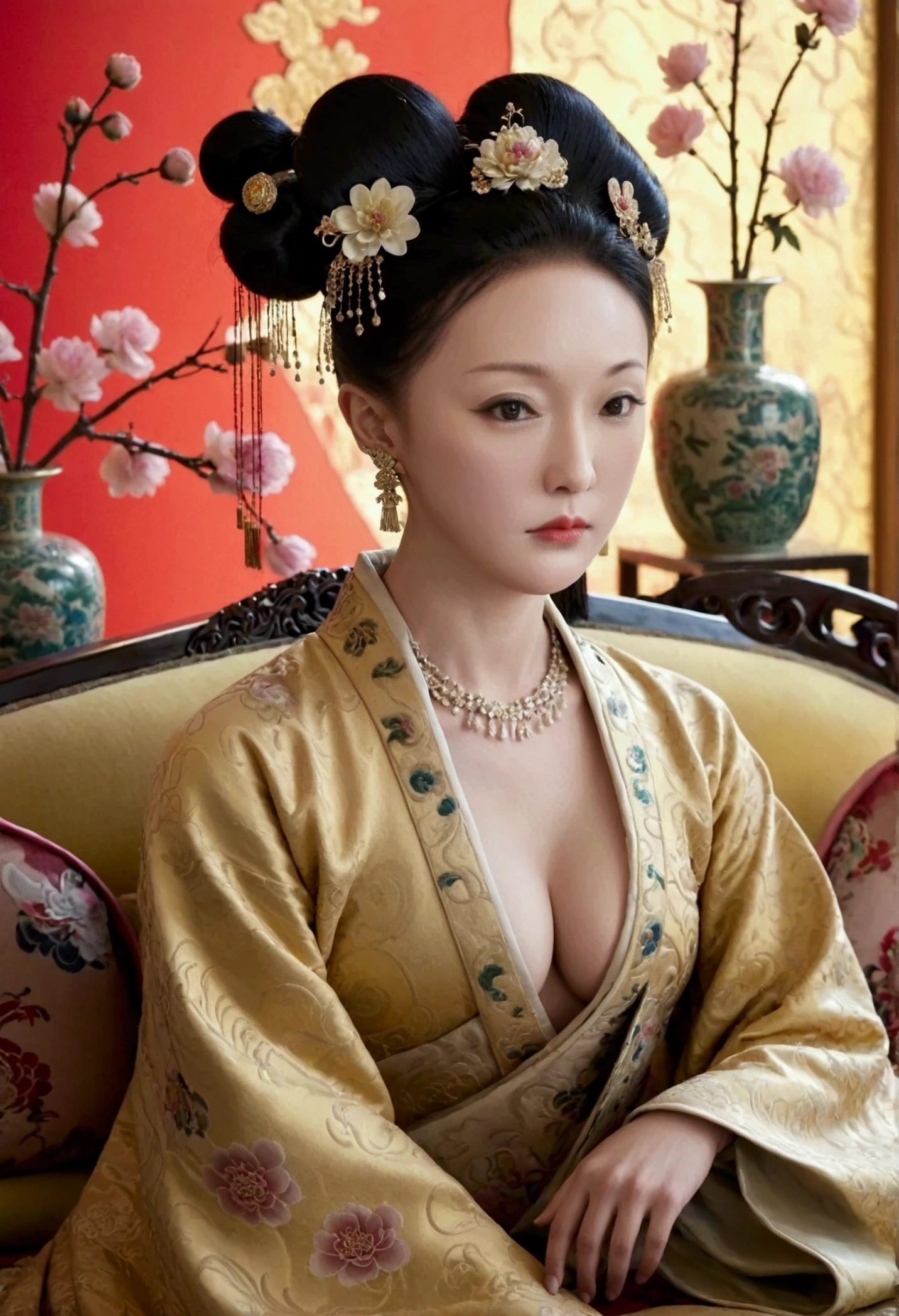 A large golden sofa with a fully naked Chinese Qing Dynasty empress sitting on it, her large breasts exposed and her hair tied to both sides.、Hairpins and flower decorations for Chinese empresses、Hair tied in the back, a perverted and erotic female background、The setting is the luxurious room of the Empress in the Qing Dynasty palace of China。.。
