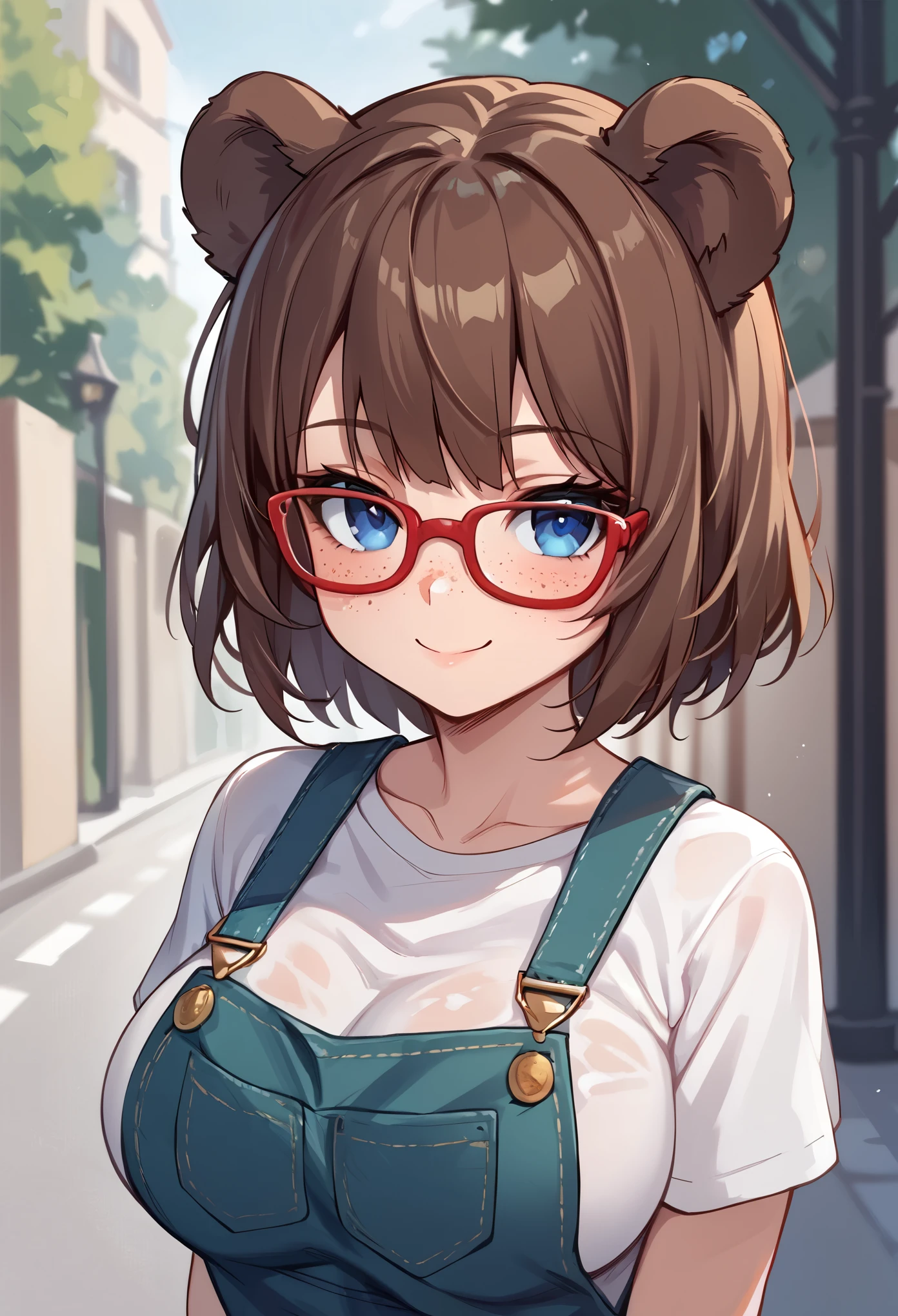 score_9_up, score_8_up, score_7_up, 1girl, solo, source_anime, hourglass figure, Big breasts, kemonomimi, bear ears, brown hair, short hair, messy_hair, blue eyes BREAK freckles, , red glasses, white shirt, short sleeves, green overalls, naughty smile, closed mouth, standing, outdoors, upper body, looking at viewer, blush