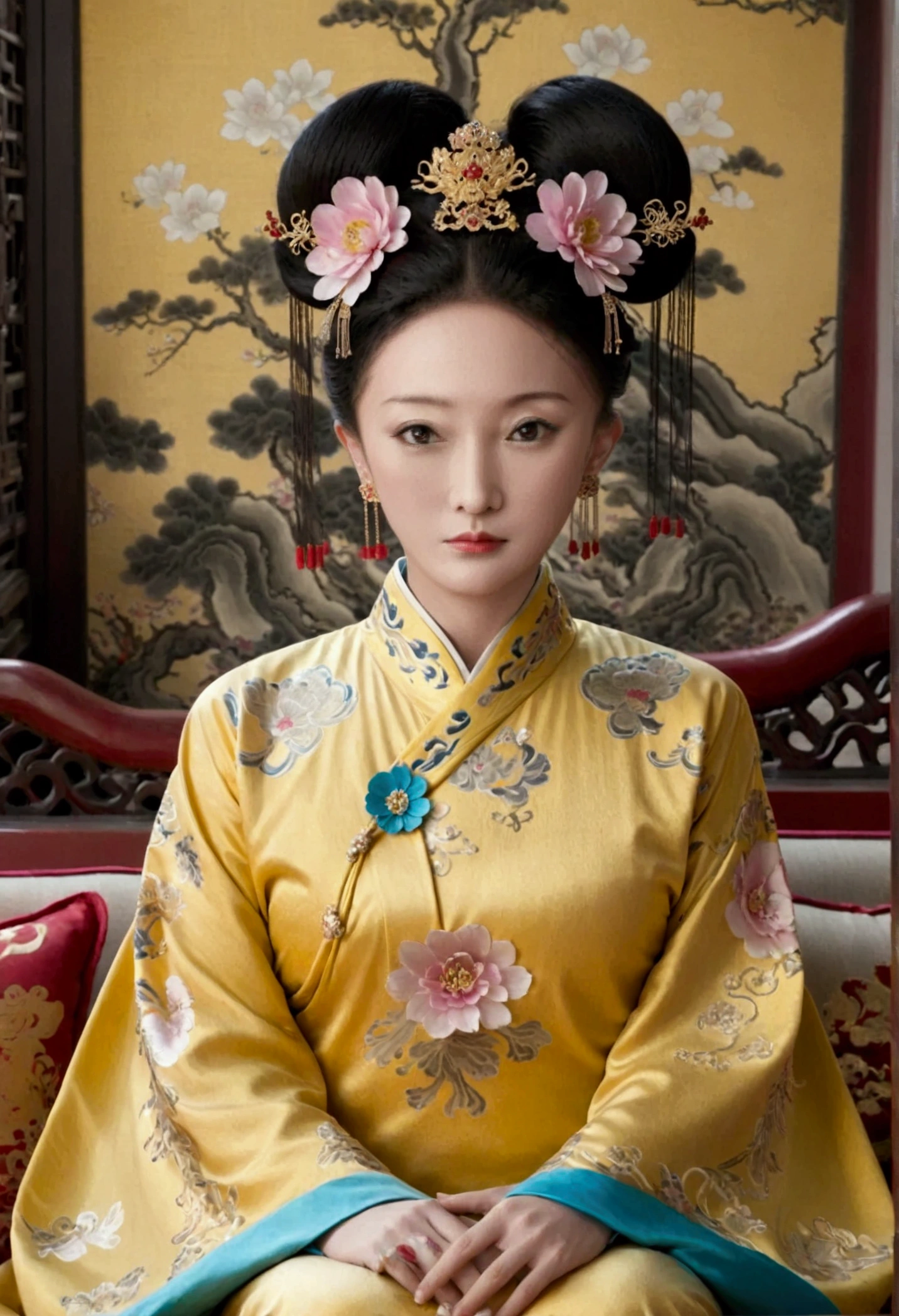 A large golden sofa with a fully naked Chinese Qing Dynasty empress sitting on it, her large breasts exposed and her hair tied to both sides.、Hairpins and flower decorations for Chinese empresses、Hair tied in the back, a perverted and erotic female background、The setting is the luxurious room of the Empress in the Qing Dynasty palace of China。.。
