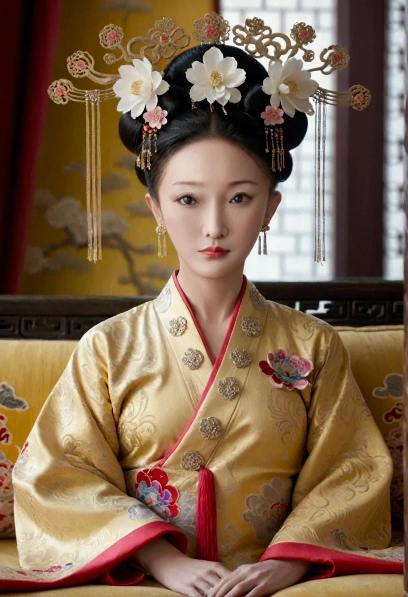 A large golden sofa with a fully naked Chinese Qing Dynasty empress sitting on it, her large breasts exposed and her hair tied to both sides.、Hairpins and flower decorations for Chinese empresses、Hair tied in the back, a perverted and erotic female background、The setting is the luxurious room of the Empress in the Qing Dynasty palace of China。.。
