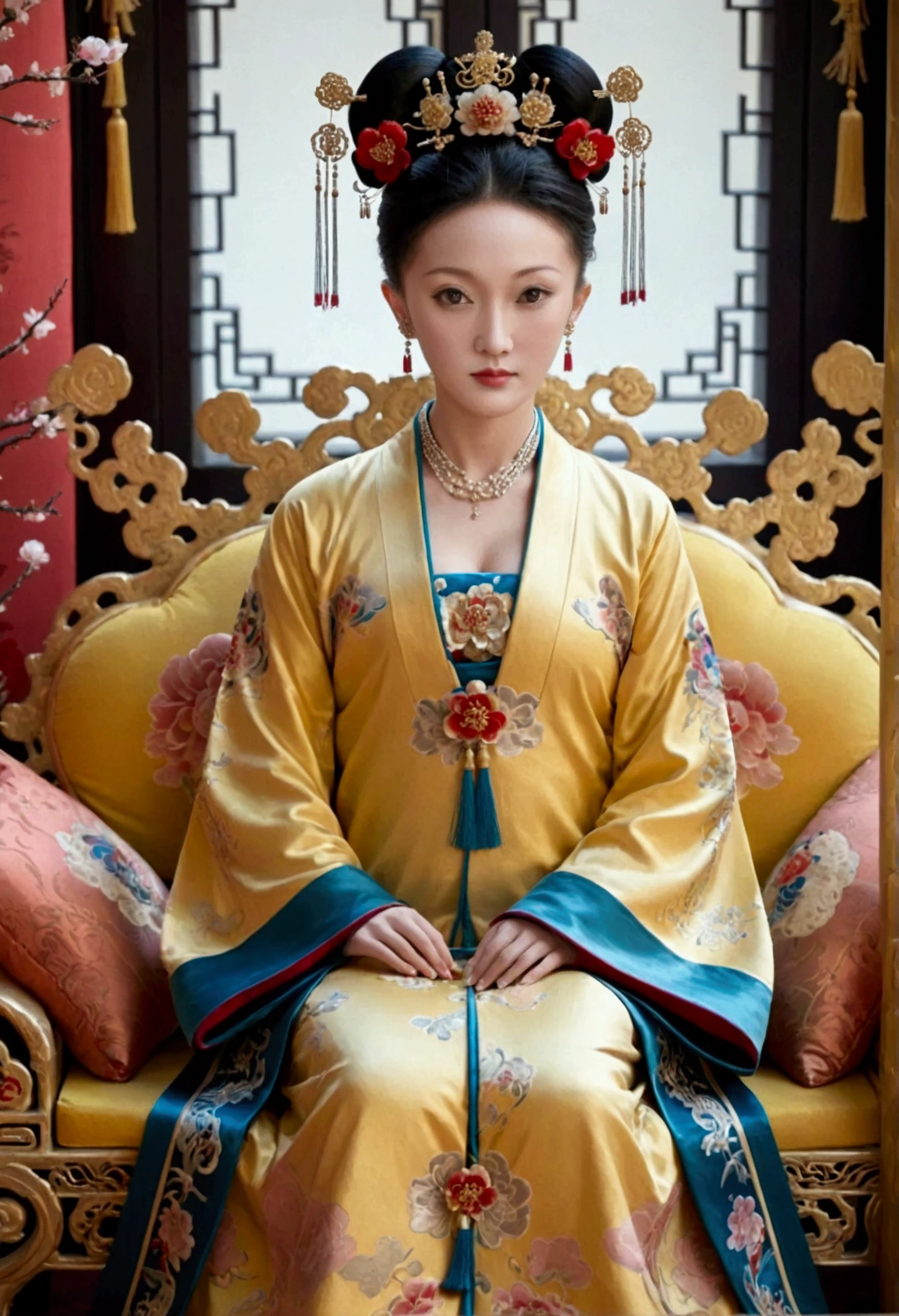 A large golden sofa with a fully naked Chinese Qing Dynasty empress sitting on it, her large breasts exposed and her hair tied to both sides.、Hairpins and flower decorations for Chinese empresses、Hair tied in the back, a perverted and erotic female background、The setting is the luxurious room of the Empress in the Qing Dynasty palace of China。.。
