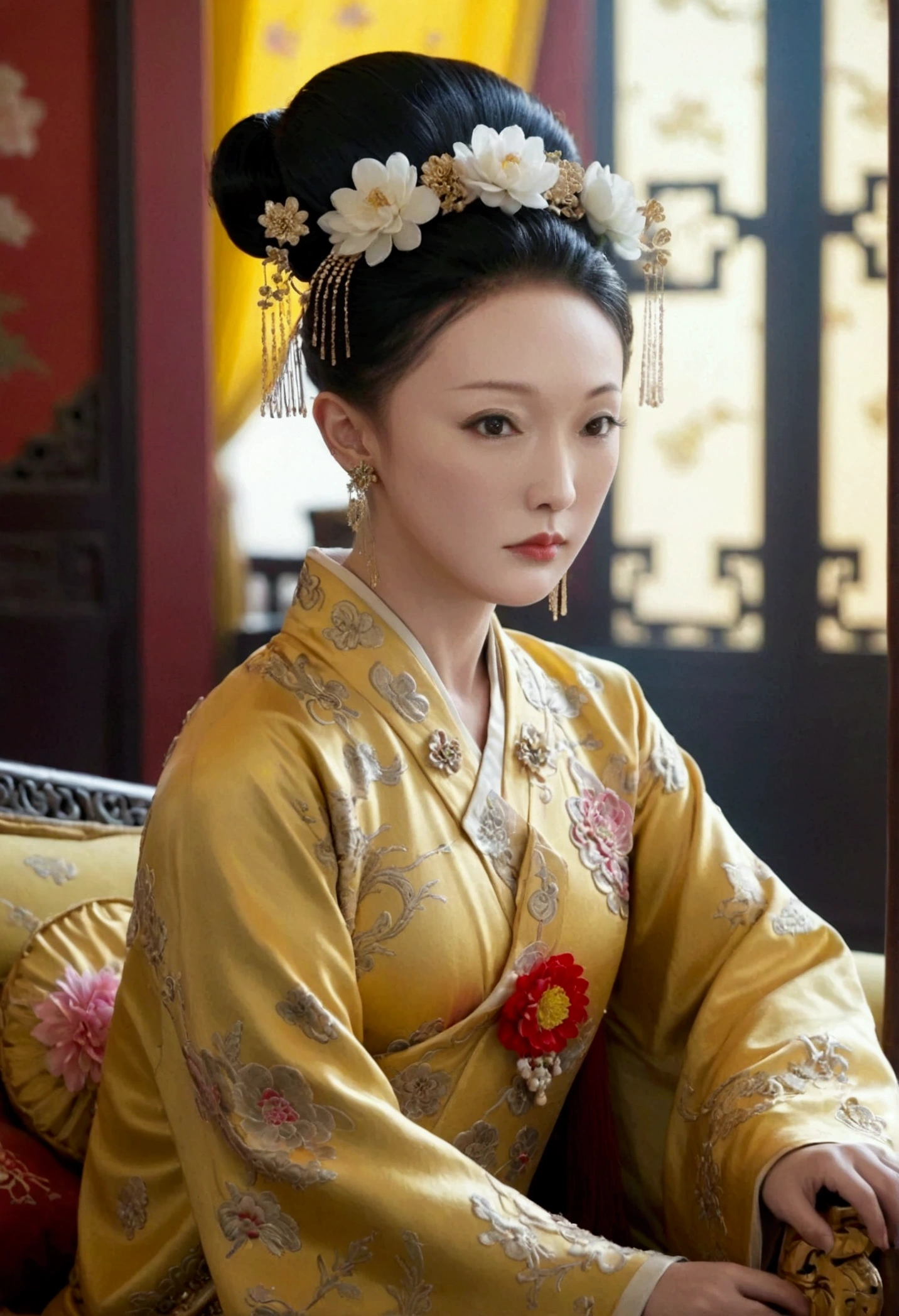 A large golden sofa with a fully naked Chinese Qing Dynasty empress sitting on it, her large breasts exposed and her hair tied to both sides.、Hairpins and flower decorations for Chinese empresses、Hair tied in the back, a perverted and erotic female background、The setting is the luxurious room of the Empress in the Qing Dynasty palace of China。.。