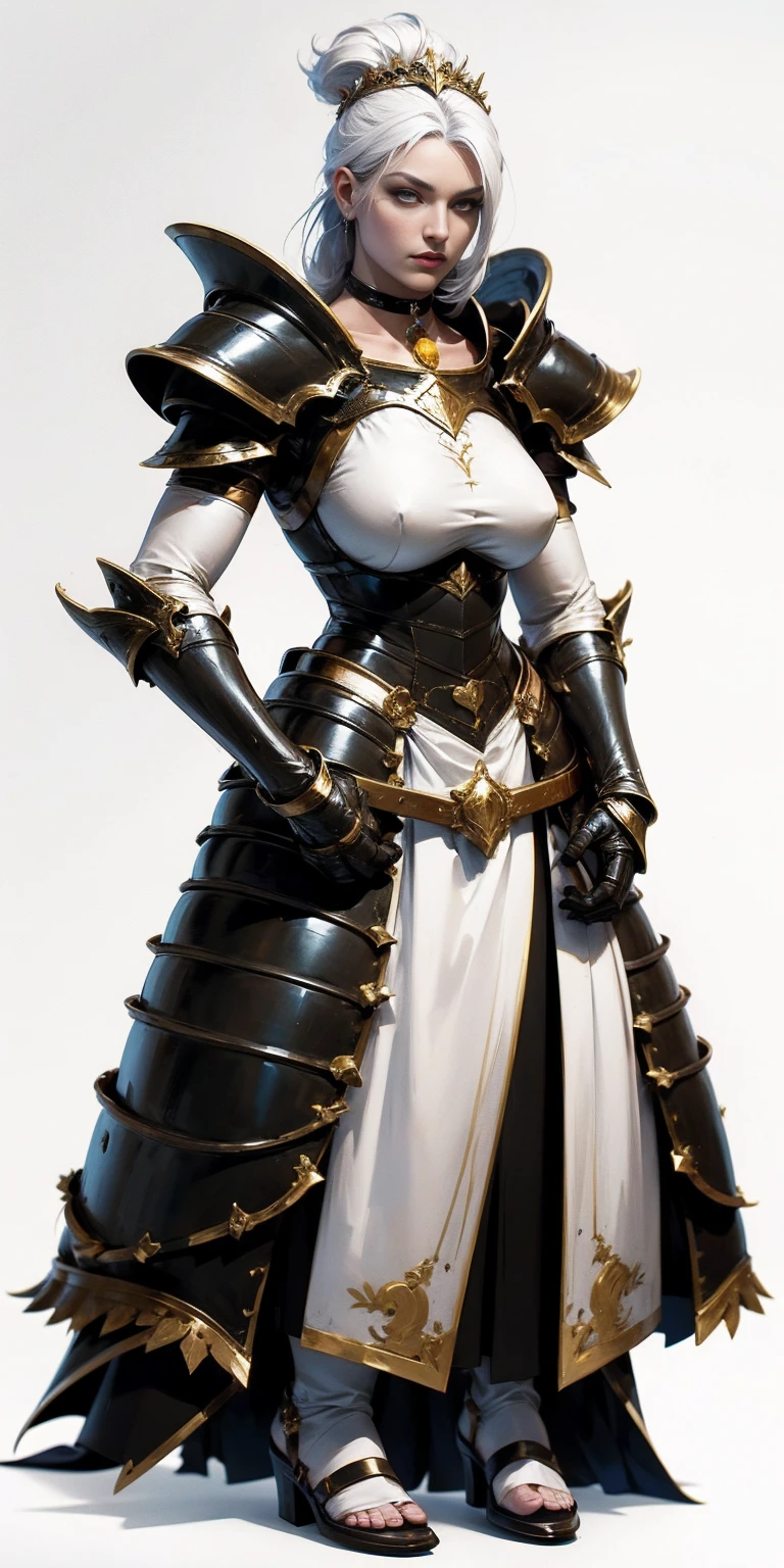 (White background:1.2) anime girls anime, red eyes, white hair, Wheelchair, flower in hair, HD phone wallpaper. 1solo, full body, with hands on hips, feet together, viewed from below. Features a leather choker, big belt, bracers and a tiara.