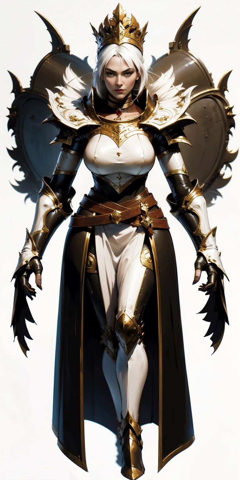 (White background:1.2) anime girls anime, red eyes, white hair, Wheelchair, flower in hair, HD phone wallpaper. 1solo, full body, with hands on hips, feet together, viewed from below. Features a leather choker, big belt, bracers and a tiara.
