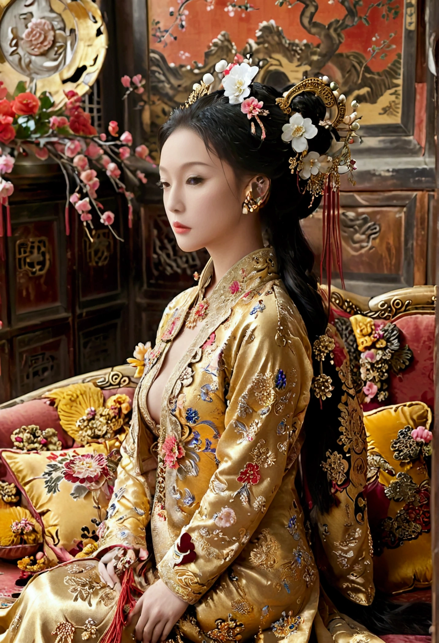 A large golden sofa with a fully naked Chinese Qing Dynasty empress sitting on it, her large breasts exposed and her hair tied to both sides.、Hairpins and flower decorations for Chinese empresses、Hair tied in the back, a perverted and erotic female background、The setting is the luxurious room of the Empress in the Qing Dynasty palace of China。.。
