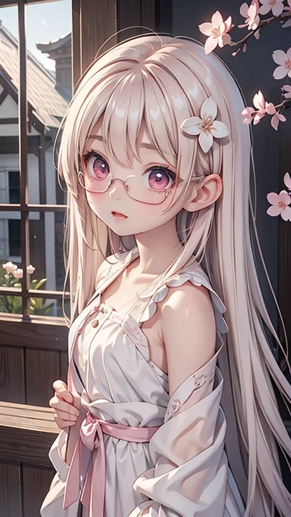 a small fairy with the characteristics of a young Asian woman。she has transparent, delicate wings on her back。with large pink eyes、her medium-length cherry blossom hair is adorned with flower petals。Medium-length hair with a cherry blossom color。She wears glasses、balanced figure。The chest is large。her face is slightly flushed、a shy and reserved expression。a hesitant gesture、her wings tremble slightly。the background is a garden bathed in soft light。overall a soft and fantastical digital art style。