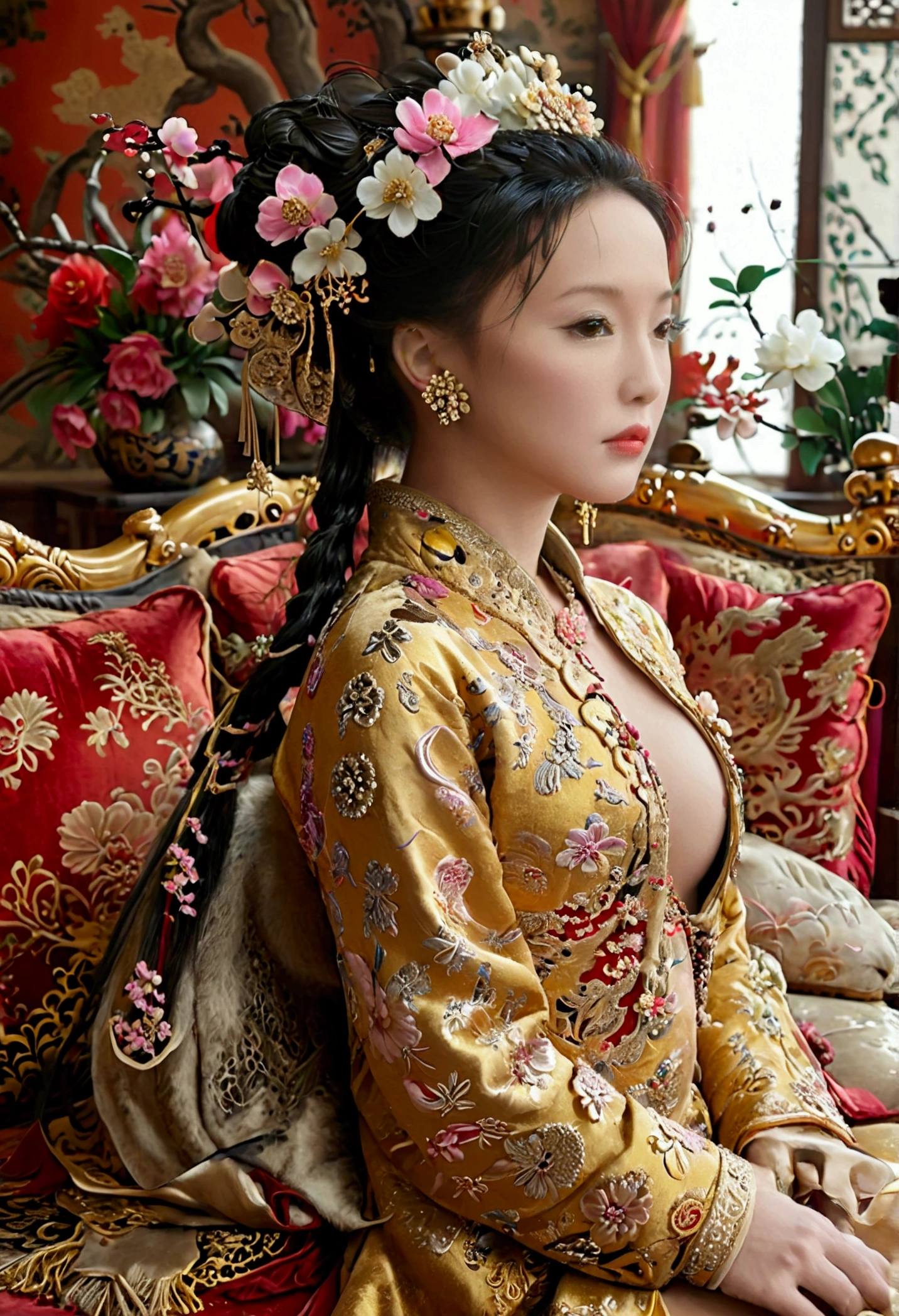 Nude statue of a woman from the Qing Dynasty. She sits naked on a large golden couch, looking straight ahead. Her breasts are large, her hair is tightly tied up, and she wears a hairpin and flowers. The background and location is the Empress of China. The story takes place in the luxurious room of an empress in the Chinese court during the Qing Dynasty.