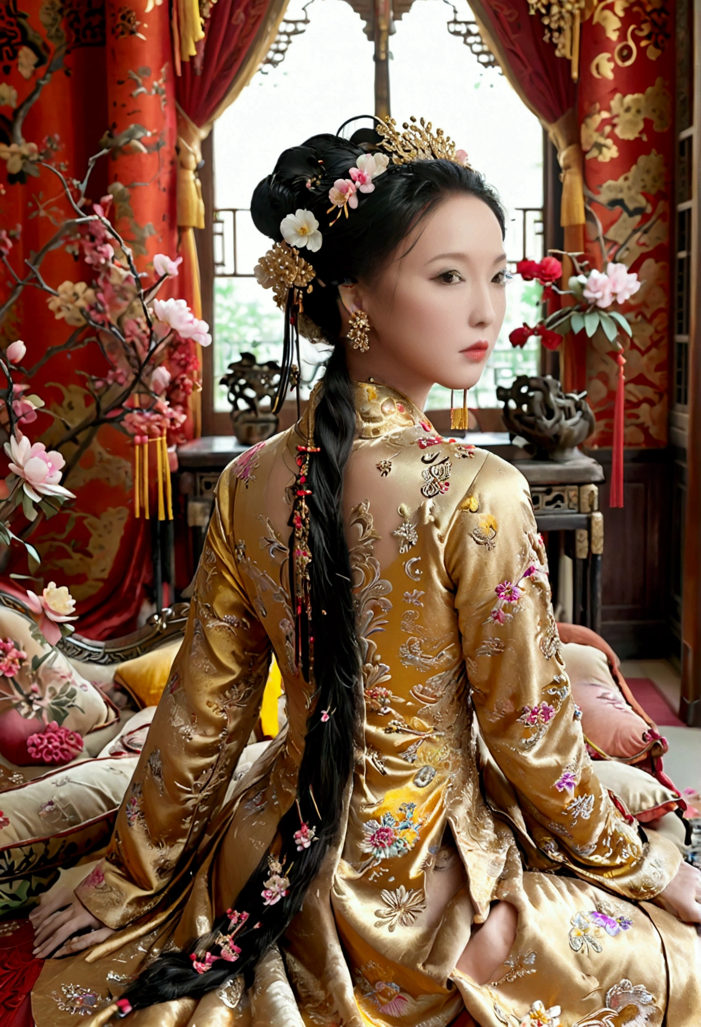 A large golden sofa with a fully naked Chinese Qing Dynasty empress sitting on it, her large breasts exposed and her hair tied to both sides.、Hairpins and flower decorations for Chinese empresses、Hair tied in the back, a perverted and erotic female background、The setting is the luxurious room of the Empress in the Qing Dynasty palace of China。.。
