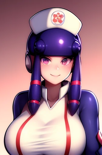 Nurses' outfit, Meddy.EXE, nurse cap, large bust, professional attitude, some cleavage, inside a hospital room, sultry smile, purple hair, skintight outfit,