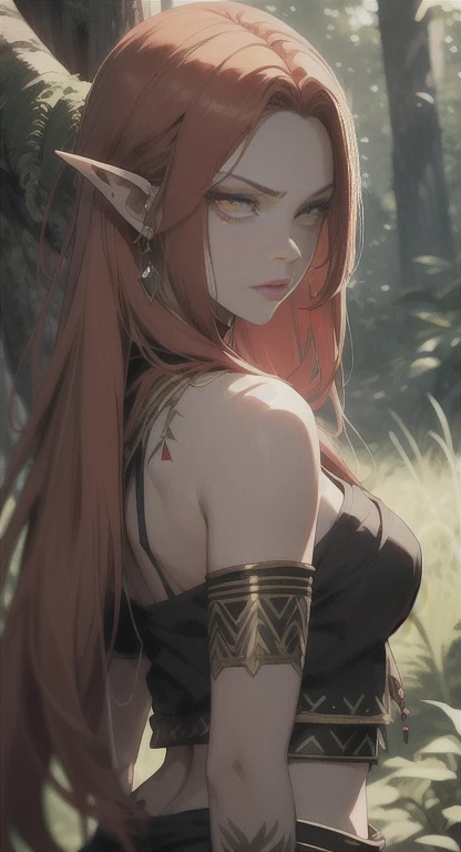 Extremely realistic shading, masterpiece, extremely detailed, photorealistic, red hair, Yellow eyes, Tan skin, Supreme arcane, Hylia, Sheikah everywhere, Hylia covered in tribal garb, Yggdrasil tribe, glaring at a viewer confused, pointed ears, tree Hut in background,