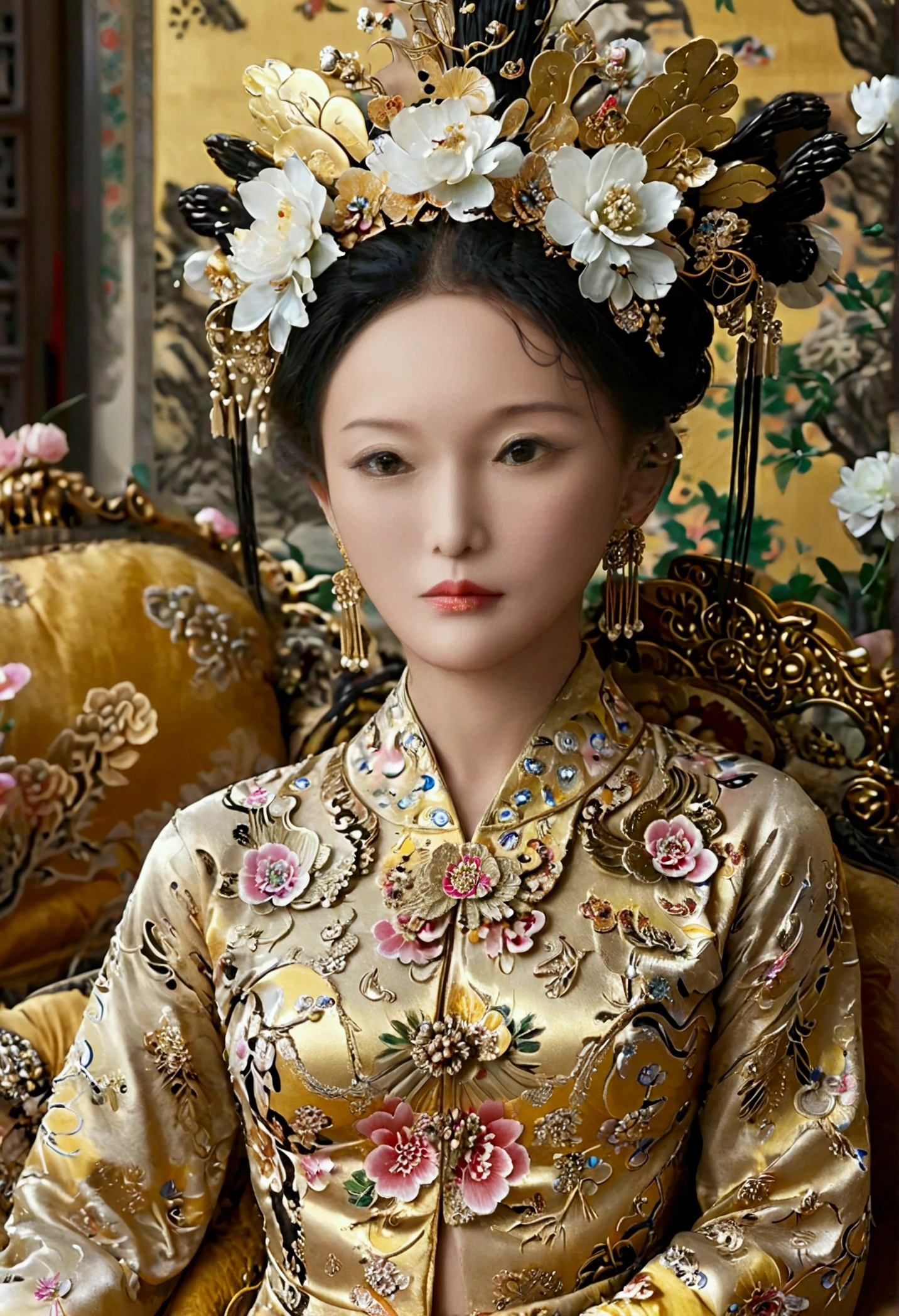 A large golden sofa with a fully naked Chinese Qing Dynasty empress sitting on it, her large breasts exposed and her hair tied to both sides.、Hairpins and flower decorations for Chinese empresses、Hair tied in the back, a perverted and erotic female background、The setting is the luxurious room of the Empress in the Qing Dynasty palace of China。.。
