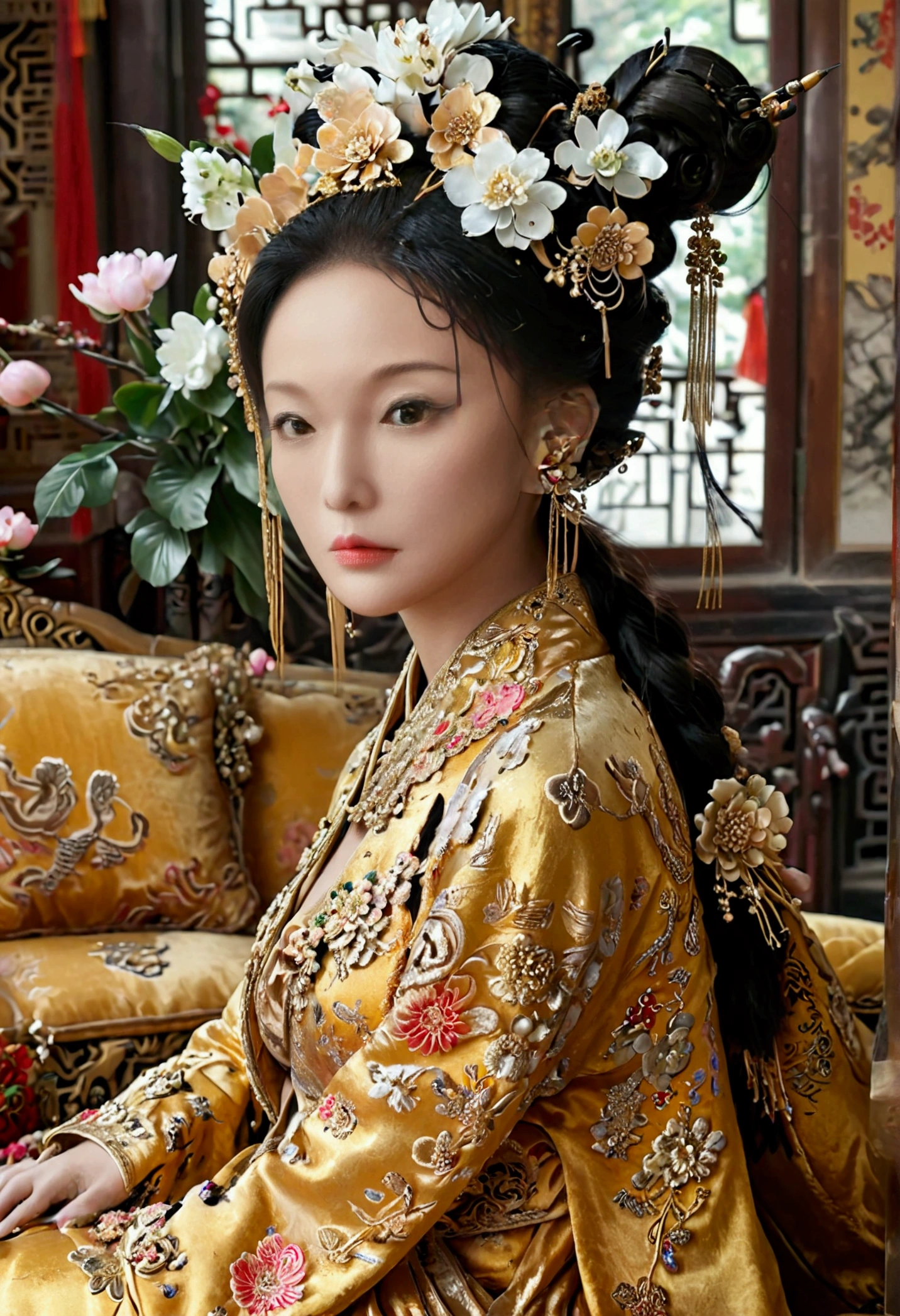 A large golden sofa with a fully naked Chinese Qing Dynasty empress sitting on it, her large breasts exposed and her hair tied to both sides.、Hairpins and flower decorations for Chinese empresses、Hair tied in the back, a perverted and erotic female background、The setting is the luxurious room of the Empress in the Qing Dynasty palace of China。.。
