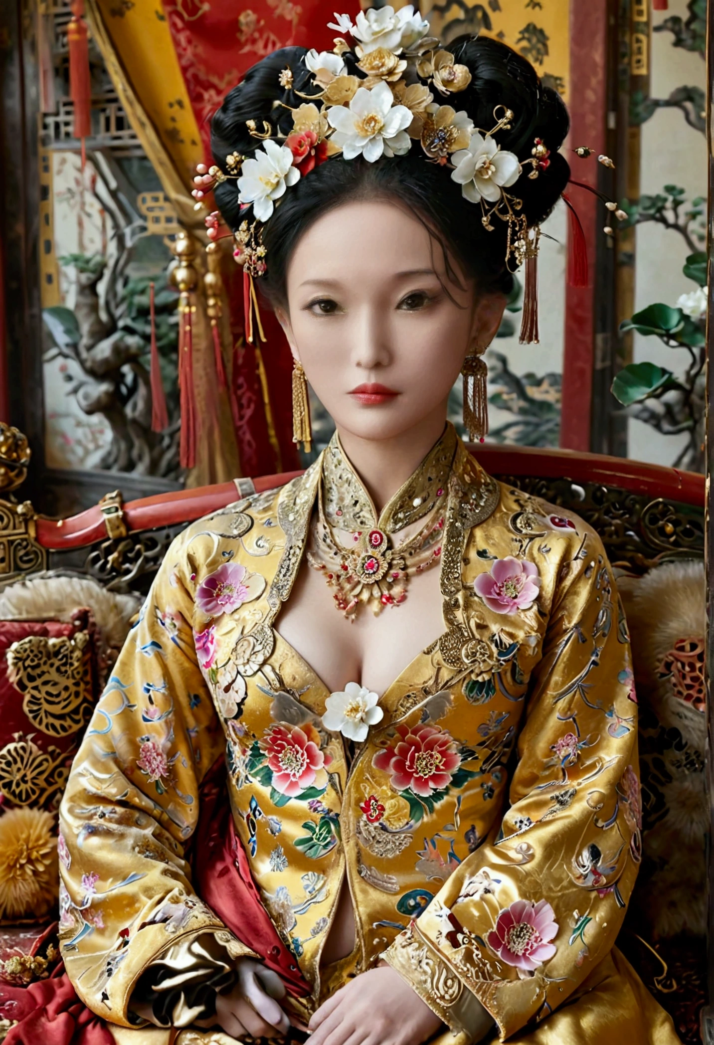 A large golden sofa with a fully naked Chinese Qing Dynasty empress sitting on it, her large breasts exposed and her hair tied to both sides.、Hairpins and flower decorations for Chinese empresses、Hair tied in the back, a perverted and erotic female background、The setting is the luxurious room of the Empress in the Qing Dynasty palace of China。.。

