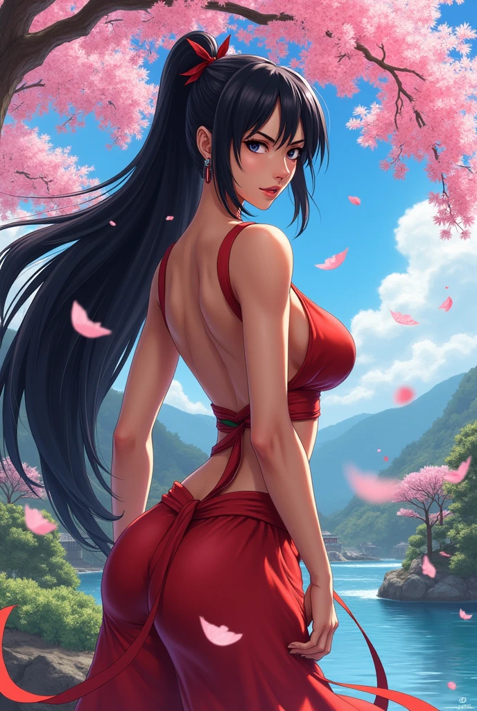1 girl, standing alone,roupa from low , breasts big, lips, looking ahead at viewer,Bblack hair, long hair,blue colored eyes, perfects eyes, perfectbody, cowboy shot,3:4,Waist slender,white top, thong panties, garden background, skin fair, looking ahead at viewer, from low, ssmile, 8K resolution, aretes, camel toe