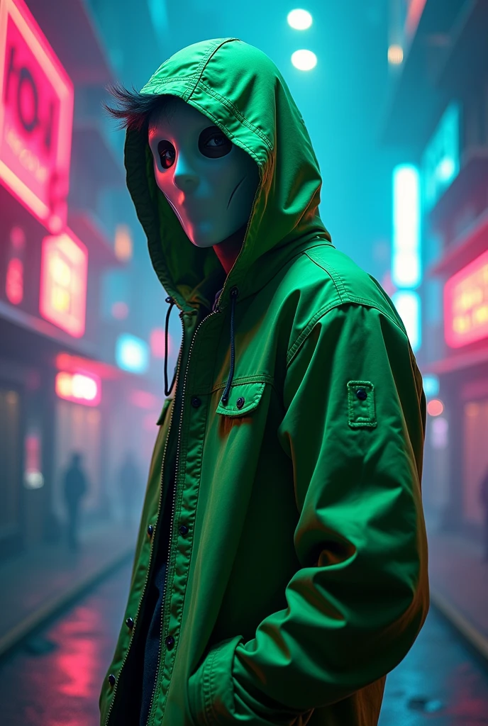 A young male character , a green hooded jacket and a white mask to be a character from a channel like Youtopia