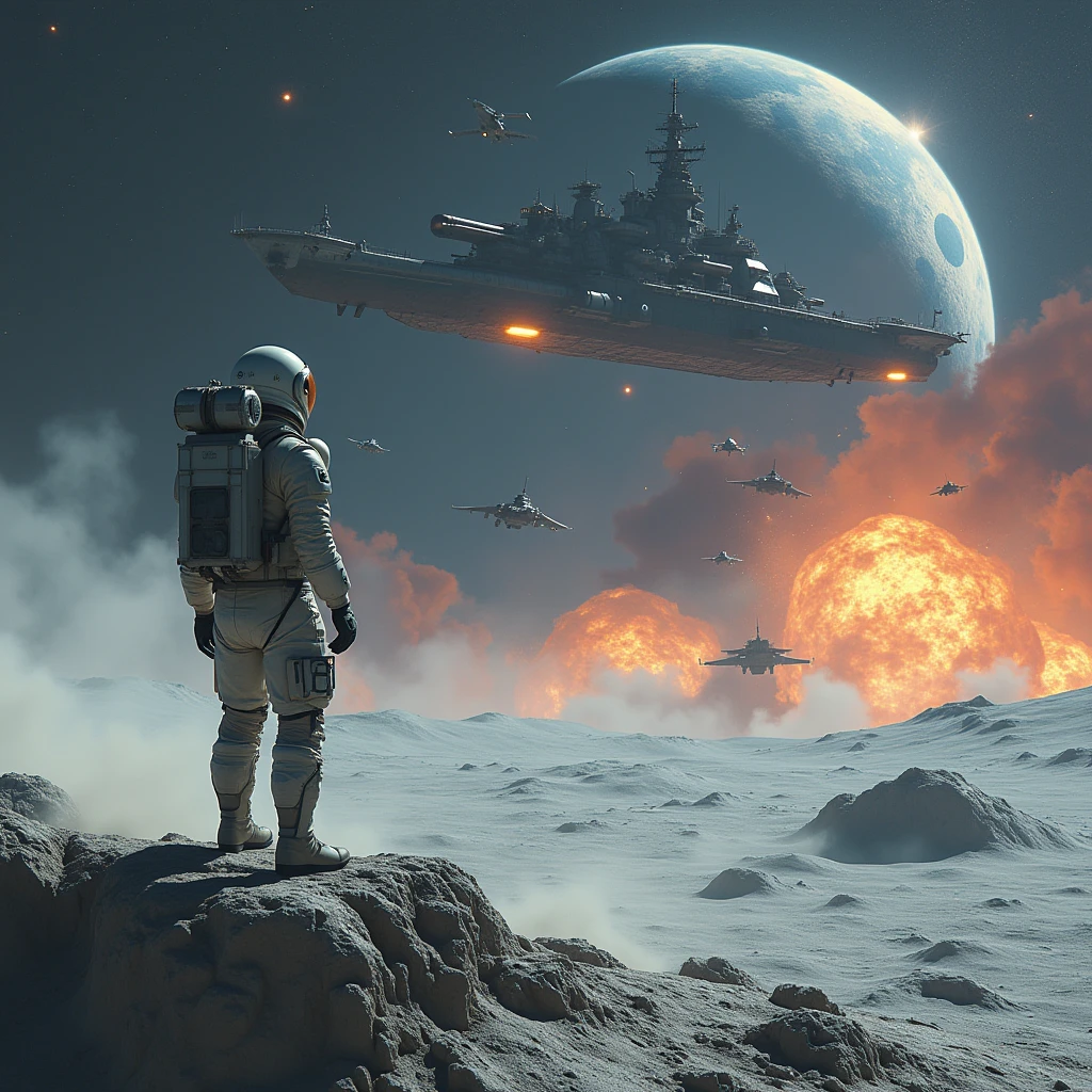 make an image of a soldier on the moon watching a battle with fighter jets and huge ships in the sky.