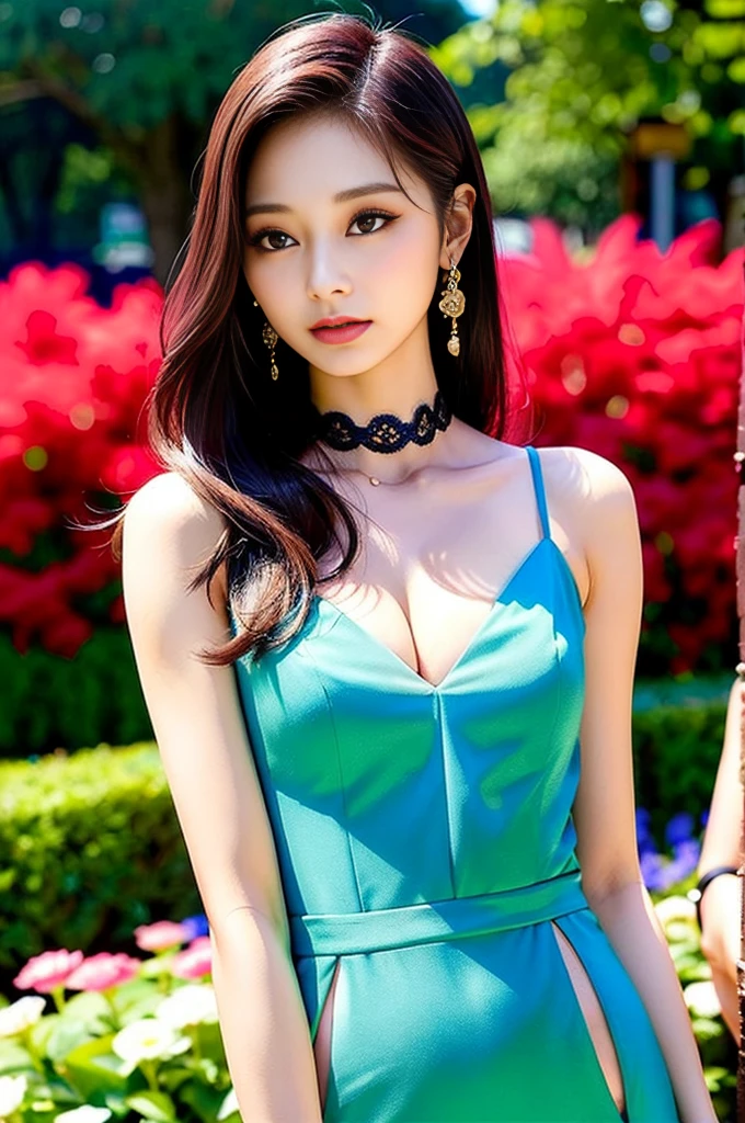 Tzuyu 1, woman, (Realistic), (Hyperrealism), (photoRealistic), Written boundary depth, eye make up:0.7 (whole body:1.8), (Large Bust),(Tight waist), Observe the audience,At the flower garden, Fashion Model, A sexy sheer dress with open shoulders and neckline
