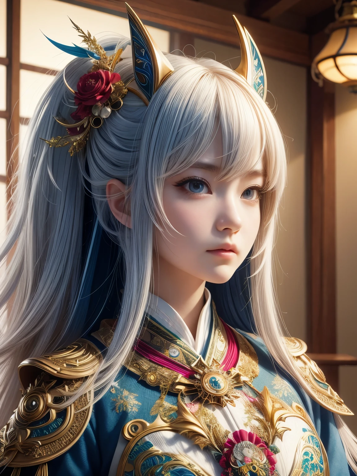 (high quality), (masterpiece), (detailed), 8K, Hyper-realistic portrait of (Japanese girl1.2) wearing (intricately designed kirin attire1.3), showcasing (delicate features1.2) and (vibrant hair1.2). (Soft, warm lighting1.2) accentuates (subtle facial expressions1.2), while (detailed textures1.2) of the kirin attire add depth to the image. In style of Takashi Murakami, trending on DeviantArt.