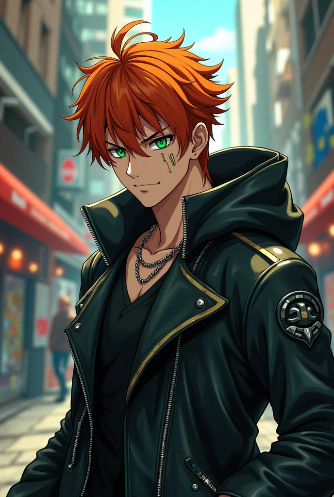 Haikyuu, male gender, , medium long cooper ginger mod cut, hazel green devil eyes, white locks, scar under the right eye, full body, leather coat with hood