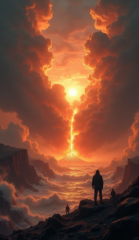 Imagine a scene of global cataclysm, Where the Earth is on the brink of total destruction. The sky is covered by a blanket of dark, stormy clouds, With lightning momentarily illuminating the desolate landscape. The horizon is dominated by giant volcanic eruptions that spew rivers of incandescent lava, Merging with the raging sea, Where huge waves crash violently against what remains of the coast.

Em primeiro plano, The earth opens up in huge cracks, Revealing the planet&#39;s incandescent core. Buildings that were once symbols of civilization now lie in ruins, Collapsing amid relentless earthquakes. A fierce wind carries debris and ash, Darkening the scene even further. The air is thick and suffocating, With toxic particles making it almost impossible to breathe.

In the midst of this chaos, Silhouettes of some people can be seen, Paralyzed by fear and despair, Watching the inevitable fall of the world they knew. Their faces reflect a mixture of disbelief and resignation., Knowing there is no escape. in the sky, The sun is barely visible, Blocked by dust and gases, Casting a deadly light that barely illuminates the apocalypse unfolding around them.