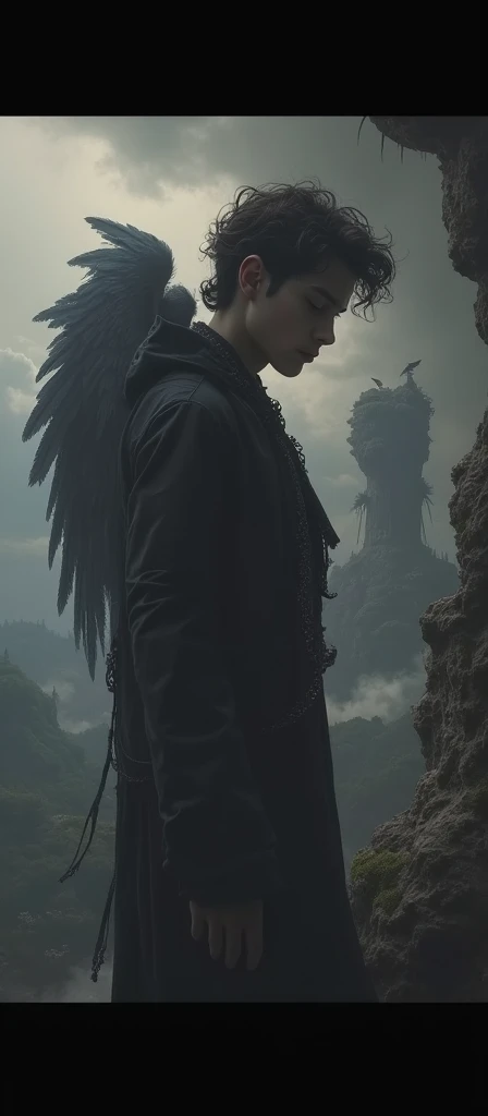 James Gurney, surrealism art , dream like, uncanny, provocative, Symbolic, Complex, detailded,, (Gothic but very beautiful:1.4), (work of art, highest quallity:1.4) , Style Nicola Samori, Laputa, Young and handsome men、angel of darkness