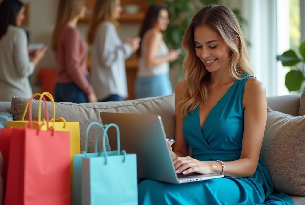 woman sitting on a couch with a laptop and a credit card ,shopping bags, Stunning image, woman wearing a blue dress, customers, vacation season, Home shopping network, at checkout, people buying, exclusive, eCommerce Photography, candid shot, candid photo, beautiful image, very intense, online, Having a good time, photo for a store