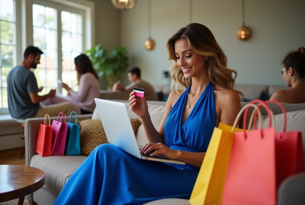 woman sitting on a couch with a laptop and a credit card ,shopping bags, Stunning image, woman wearing a blue dress, customers, vacation season, Home shopping network, at checkout, people buying, exclusive, eCommerce Photography, candid shot, candid photo, beautiful image, very intense, online, Having a good time, photo for a store