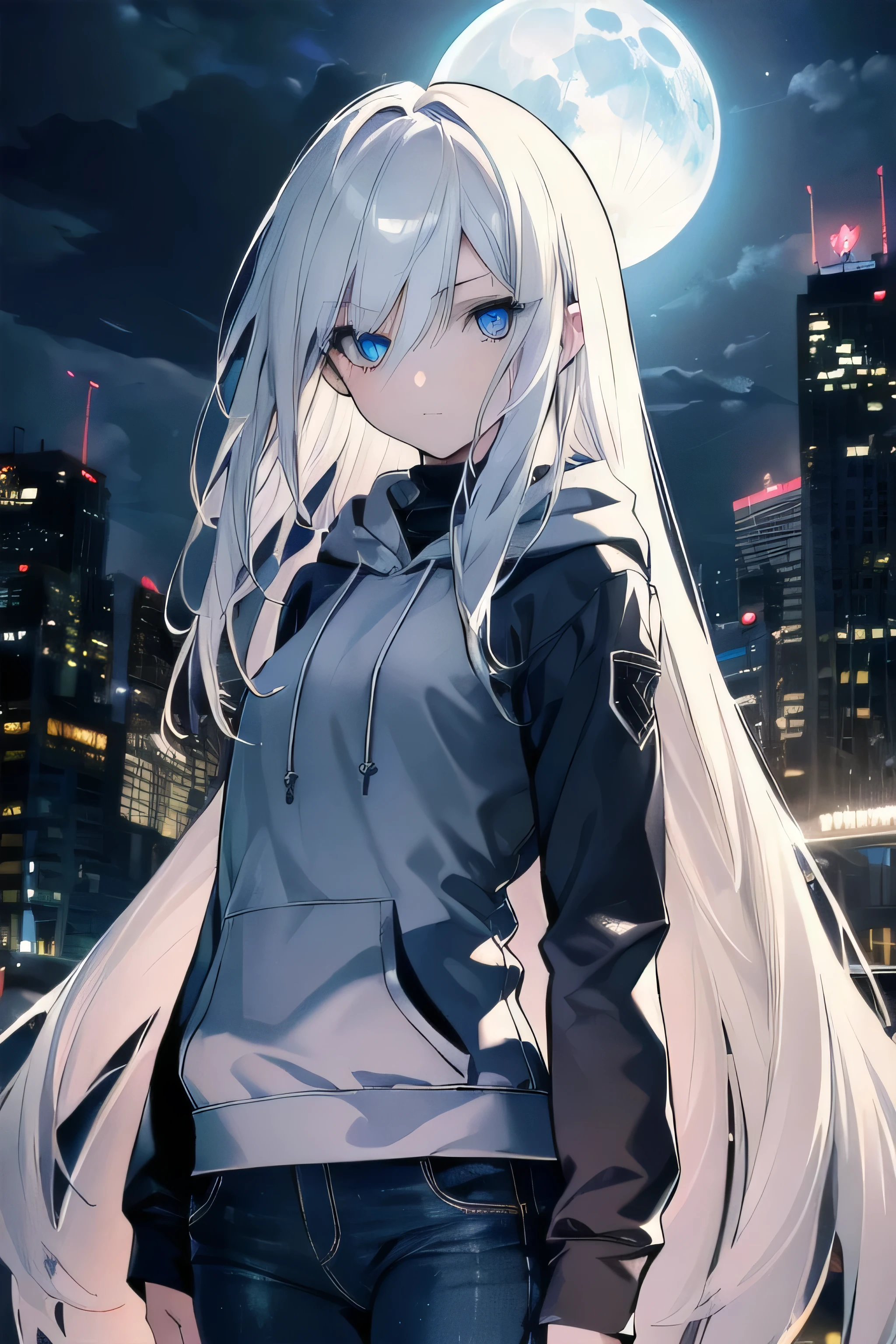 ((masterpiece)), ((best quality)), ((best illustration)), ((ultra-detailed)),((photorealistic color)), 1 lady, solo, teenager, absurdly long hair, white hair, straight hair, ((blue eyes)), ((ultra detailed eyes)), ((ultra detailed face)), gloomy, hoodie, jeans,thin body, thin arms, long arms, buildings, moonlight, backlight