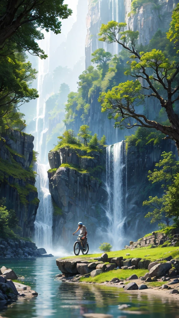 In the tranquil and beautiful scenery，There are rushing waterfalls, Ray tracing, detailed reflections, Wheels within wheels, High Detail, Dramatic, Best quality masterpiece, Reality, detailed, 8K, HDR, Backlight, bloom, Shining, Chromatic Aberration, Clear focus