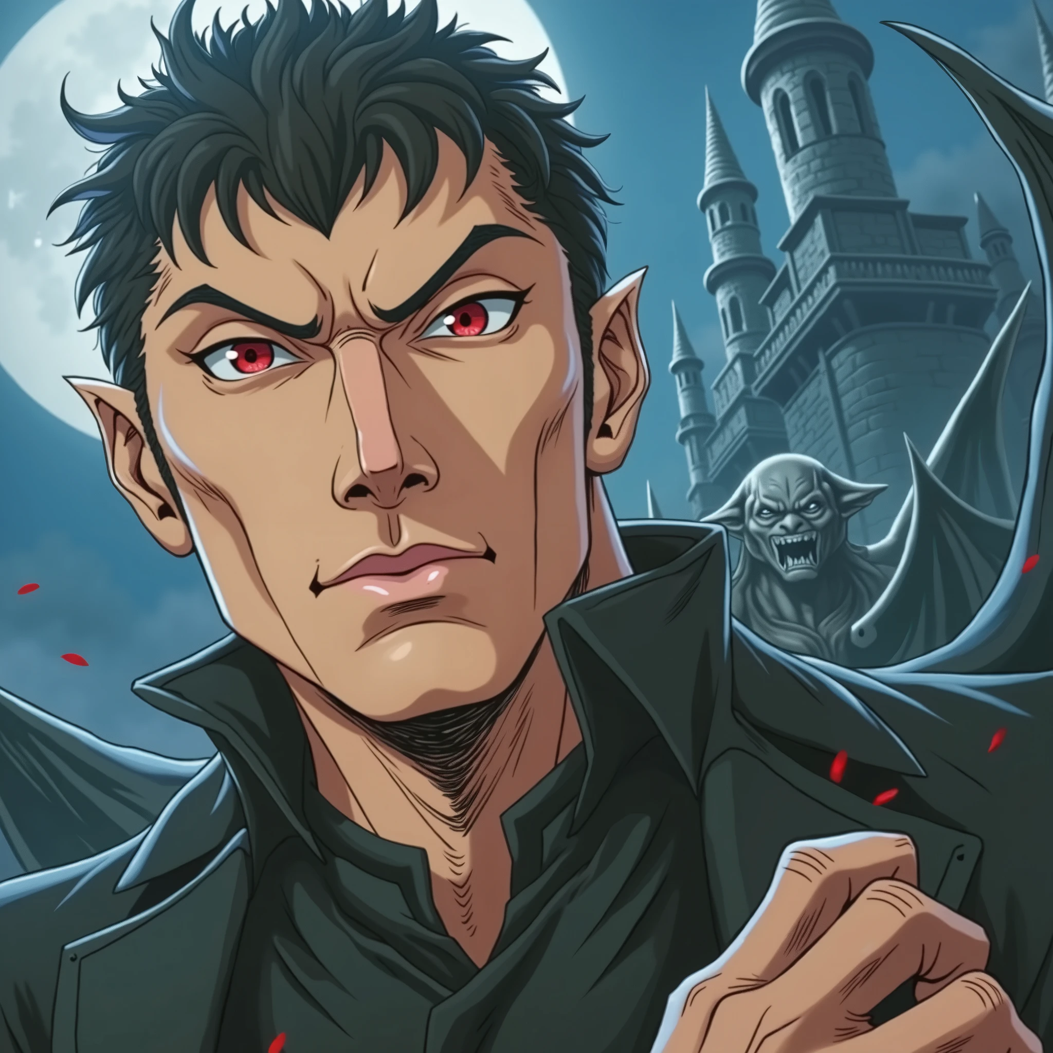 vampire lord, masculine, work of art, anime styling, 8k, vampire gargoyle, bat wings, semi human face, Eyes red, no pants.