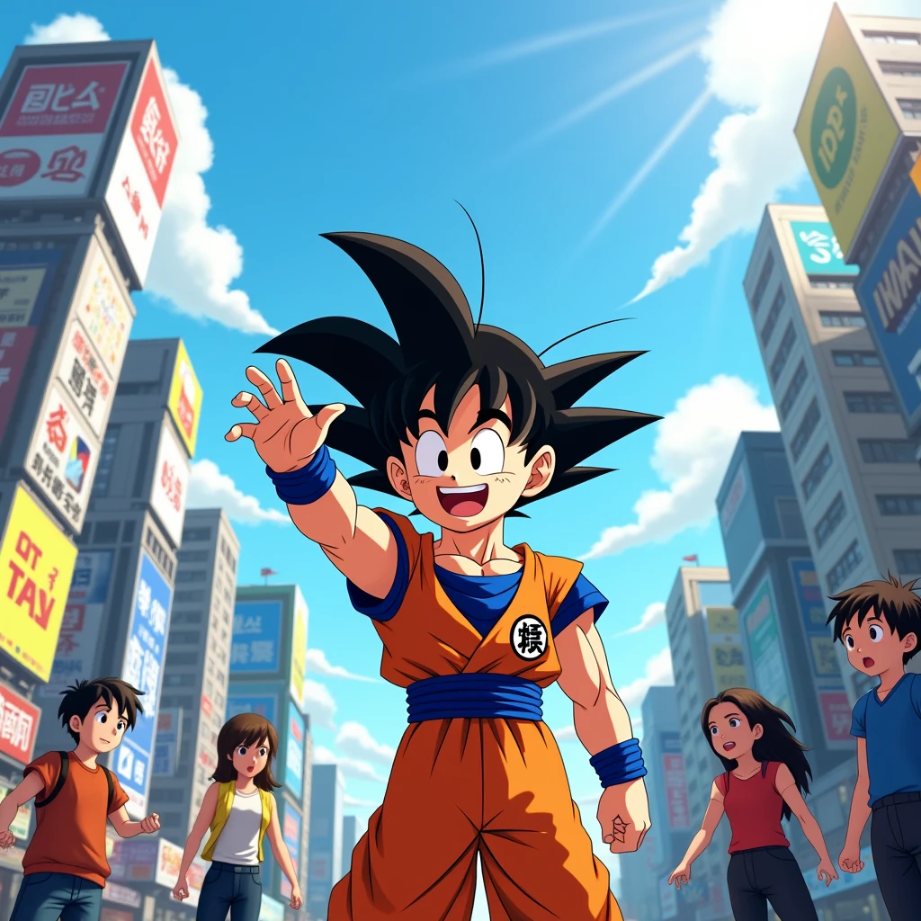 Draw Goku waving to the viewer in the city 